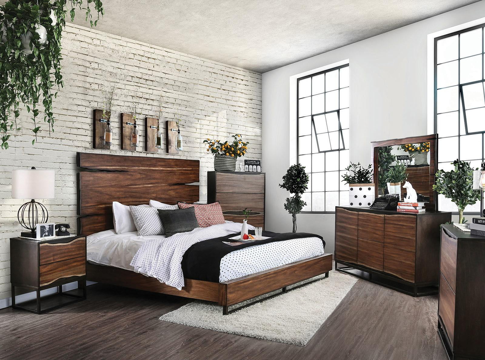 Dark Walnut & Dark Oak Solid Wood Queen Bedroom Set 6pcs FOA CM7363 Fulton