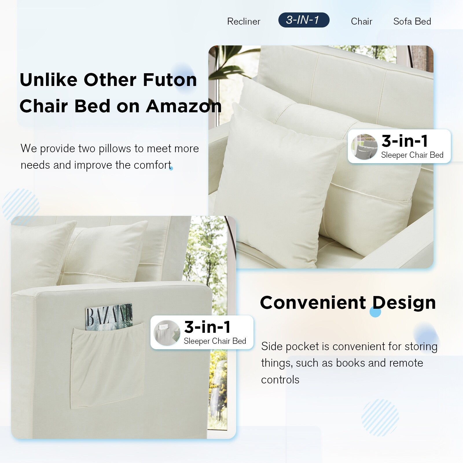 AECOJOY Sleeper Chair Bed 3-in-1 Convertible Multi-Functional Sofa Bed White