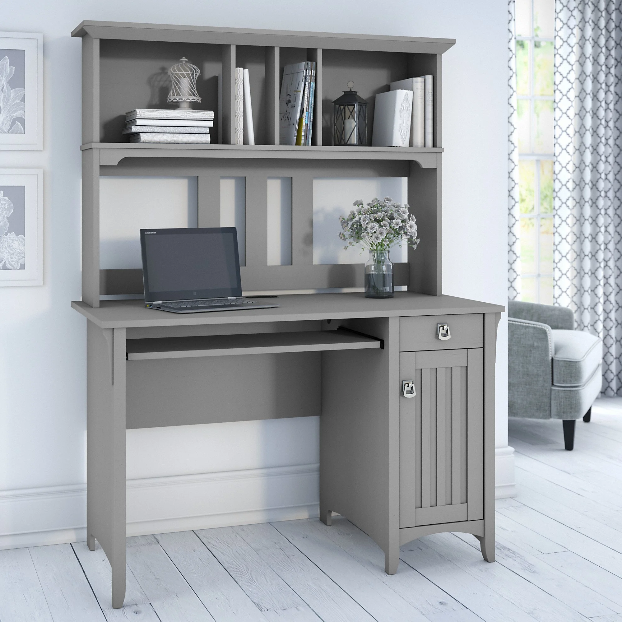 Bush Furniture Salinas 48” Computer Desk & Hutch with Storage, Cape Cod Gray