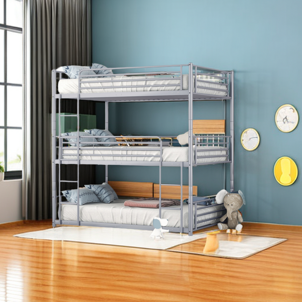 Full Size Metal Triple Bunk Bed with Built-in Ladder, Full-Over-Full-Over-Full Metal Bunk Bed Frame, Can be Divided into Three Separate Beds