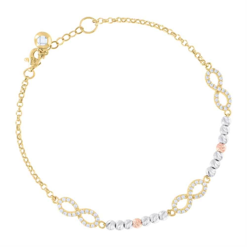 ARAIYA 14k Tri-Color Gold Cubic-Zirconia Beaded Infinity Charm Bracelet For Women