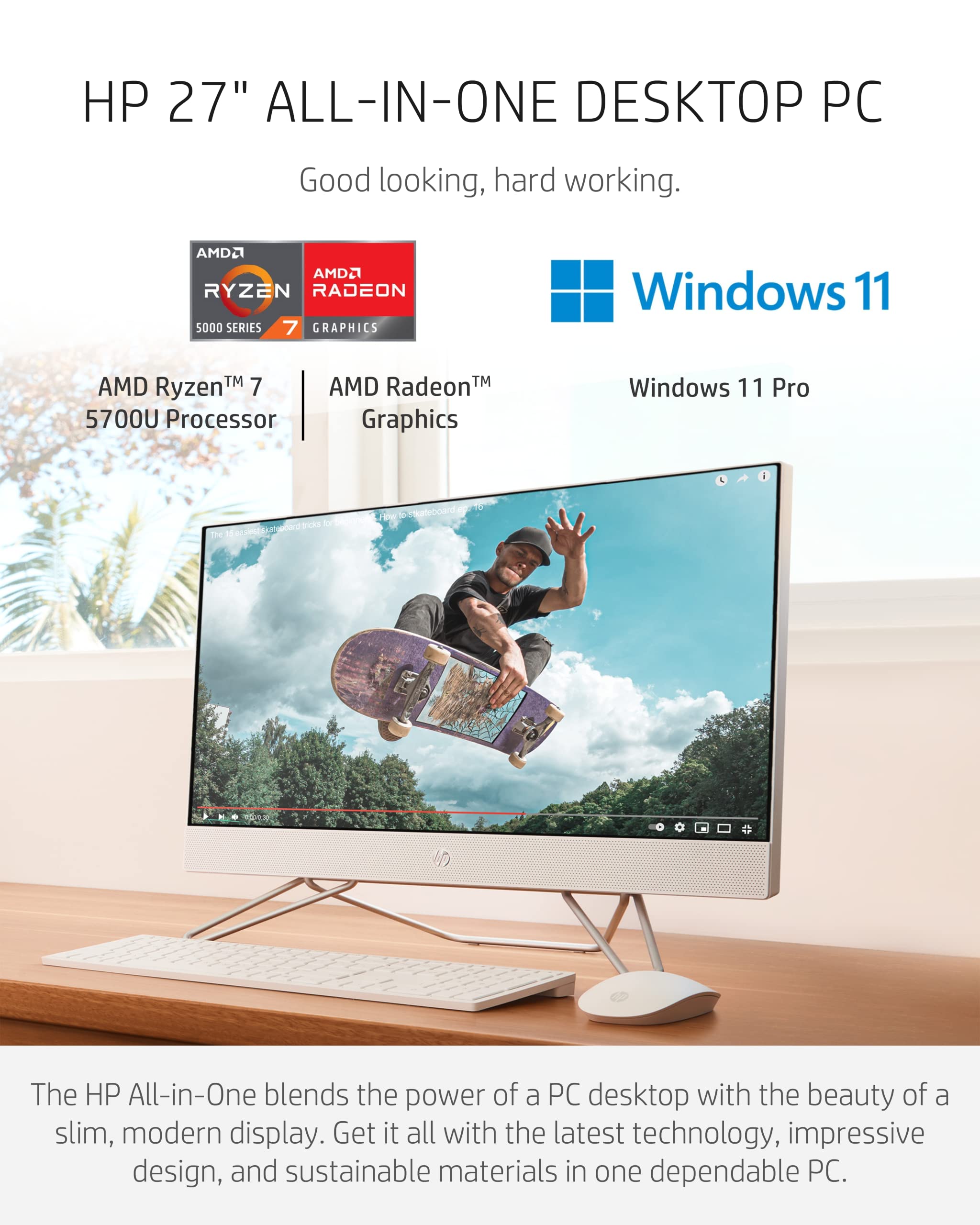 HP 27” All-in-One Desktop PC, AMD Ryzen 7 5700U, 12 GB RAM, 256 GB SSD & 1 TB Hard Drive, Full HD IPS Display, Windows 11 Pro, 720p Privacy Webcam, Dual Mics, Keyboard and Mouse (27-CB0052, 2022)