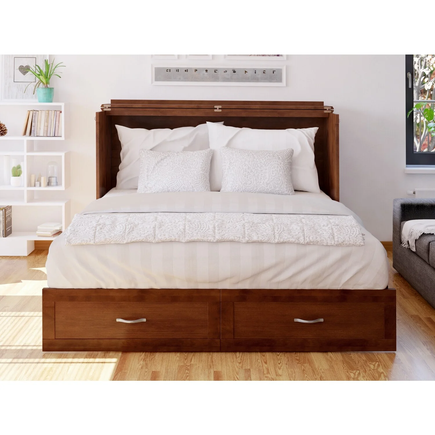 AFI Hamilton Murphy Modern Wood Full Bed Chest with Mattress in Walnut