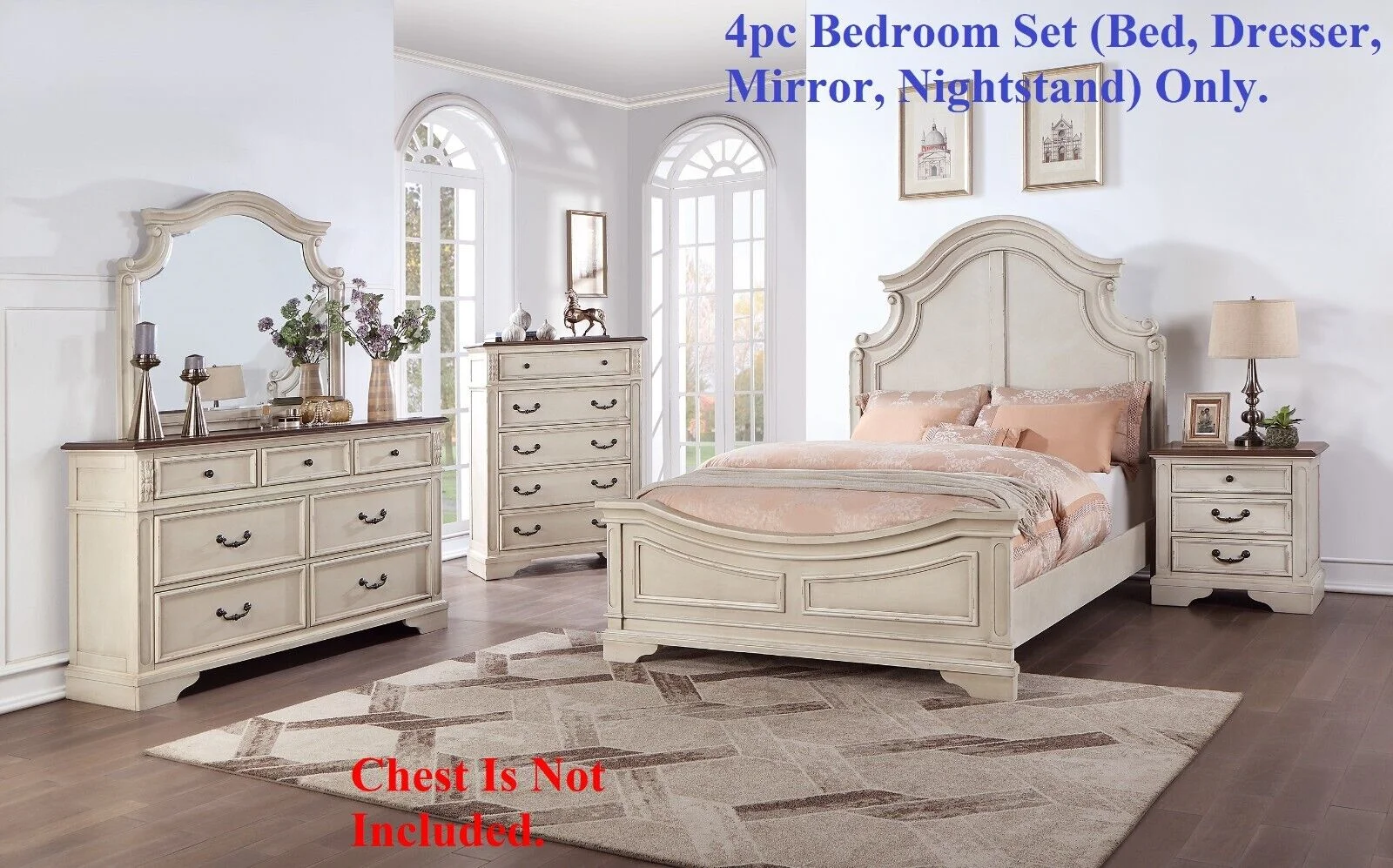 Traditional Look White Creamy Finish 4pc Bedroom Queen Size Bed Set Dresser Mirror Nightstand Wooden Furniture HB FB
