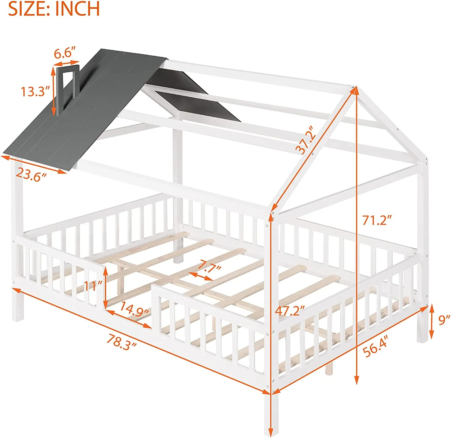 Full House Beds With Rails Wood Montessori Bed Frame Kids Gray Cabin Bed For Children Boys Girls Teens, Full Size