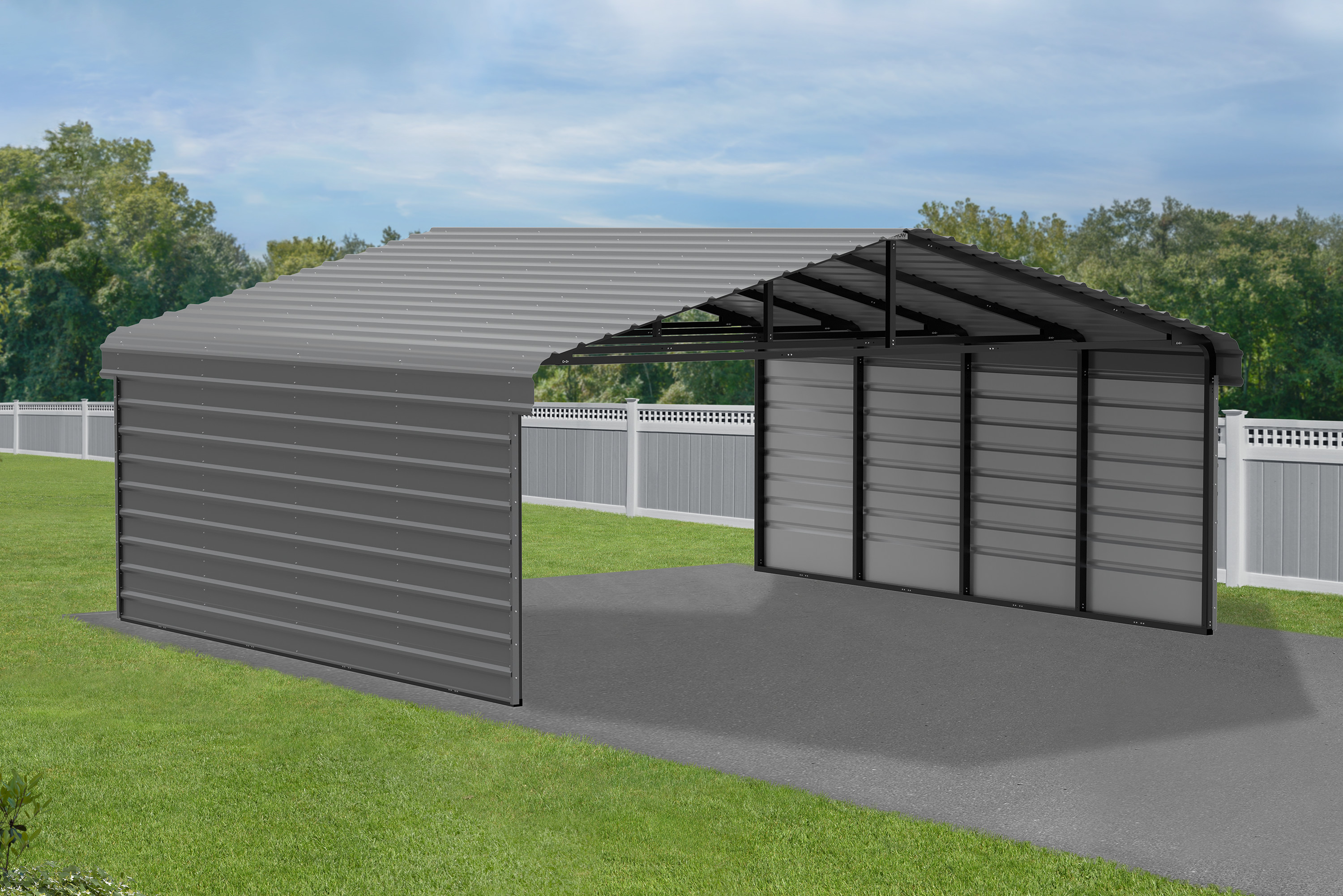 Arrow Carports Galvanized Steel Carport, with 2-Sided Enclosure, Compact Car Metal Carport Kit, 20' x 20' x 7' , Charcoal