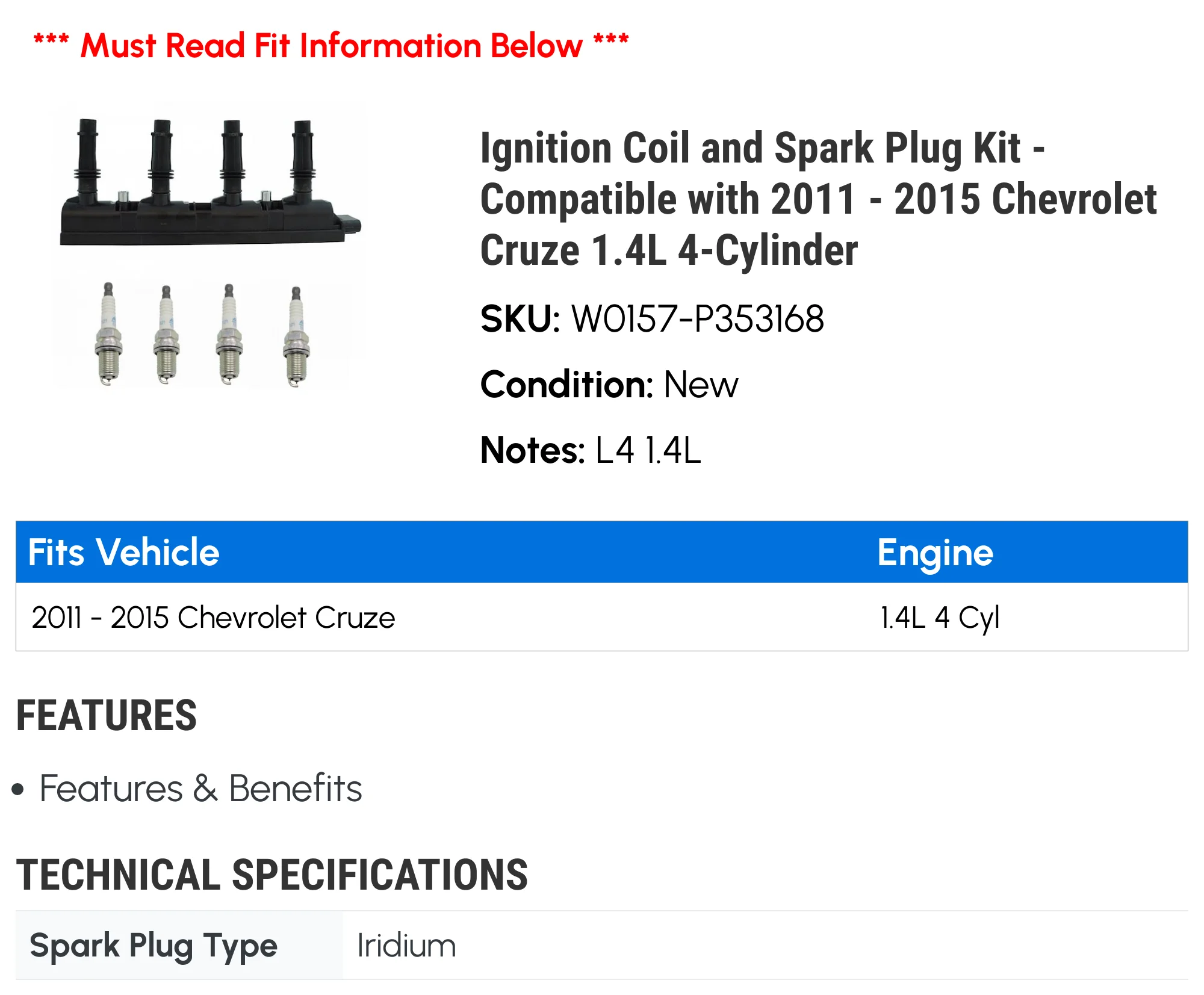 Ignition Coil and Spark Plug Kit - Compatible with 2011 - 2015 Chevy Cruze 1.4L 4-Cylinder 2012 2013 2014