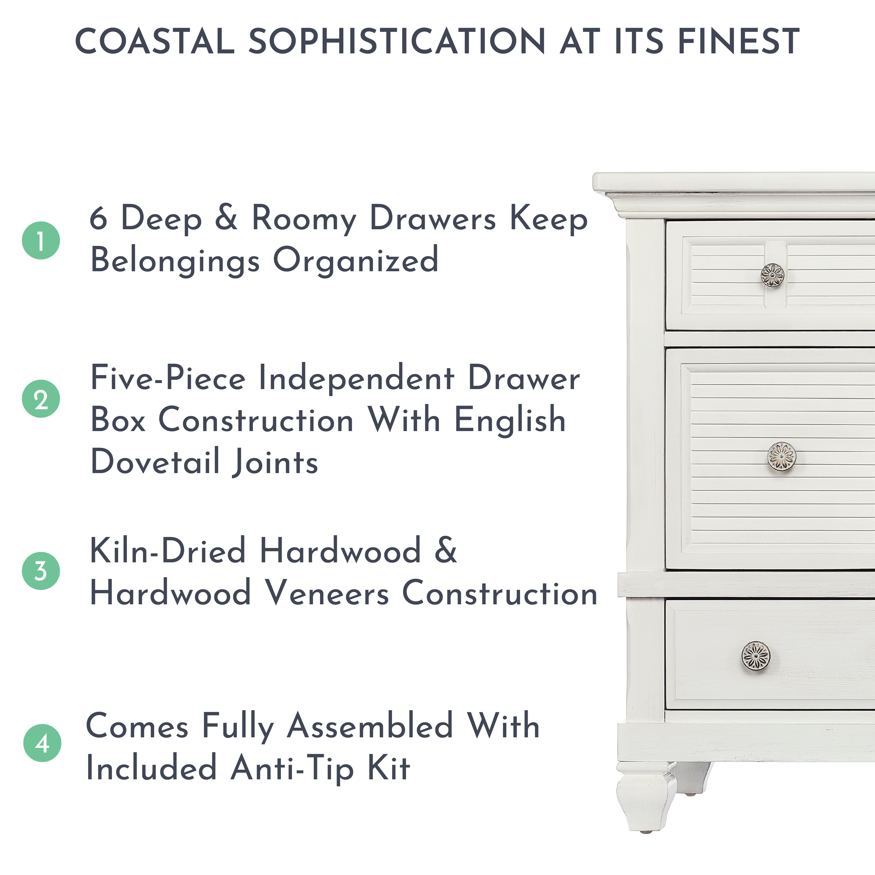 Evolur Signature Cape May Double Dresser, Weathered White, 6 Drawers