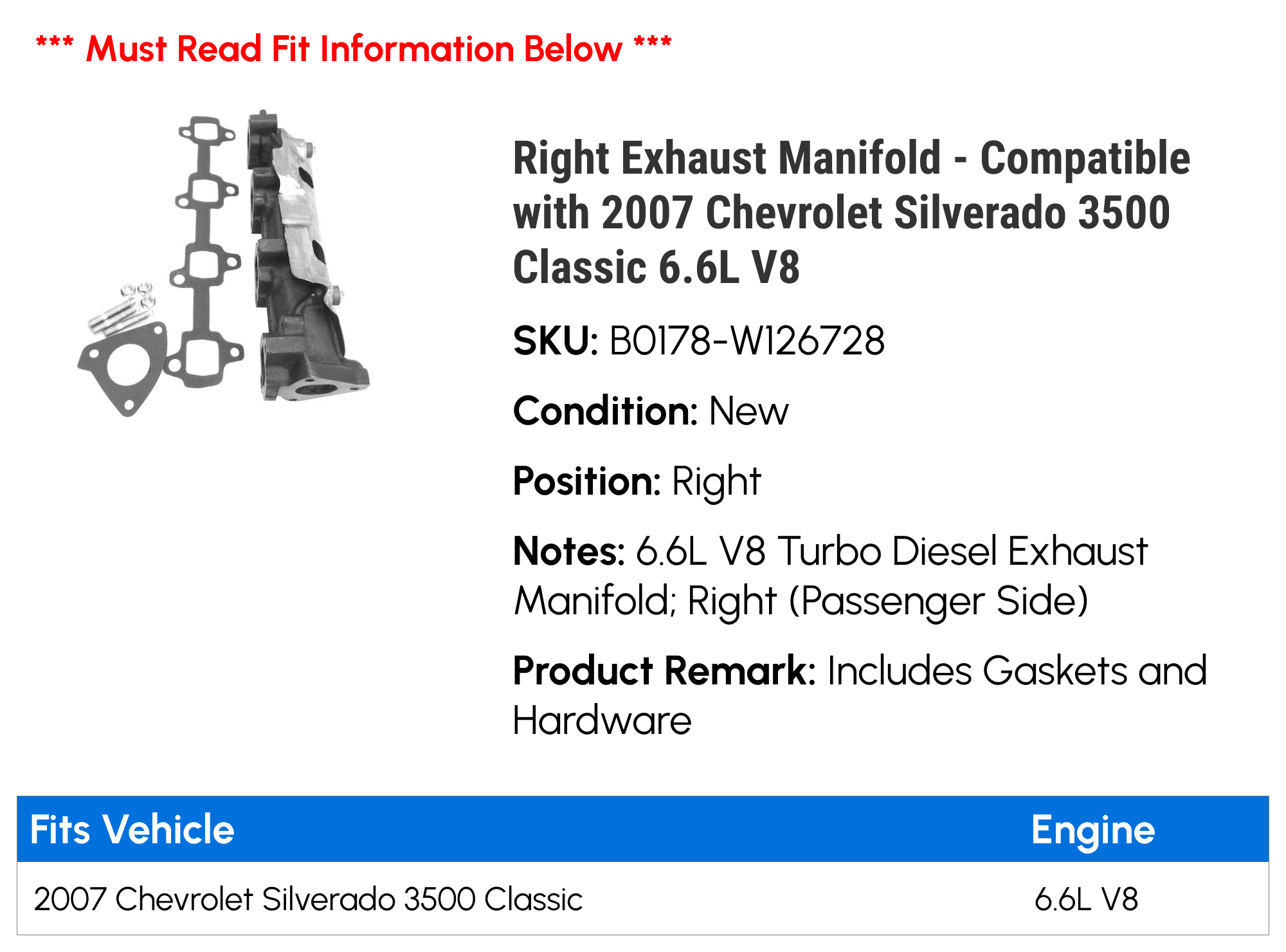 Right Exhaust Manifold - Compatible with 2007 Chevy Silverado 3500 Classic 6.6L V8