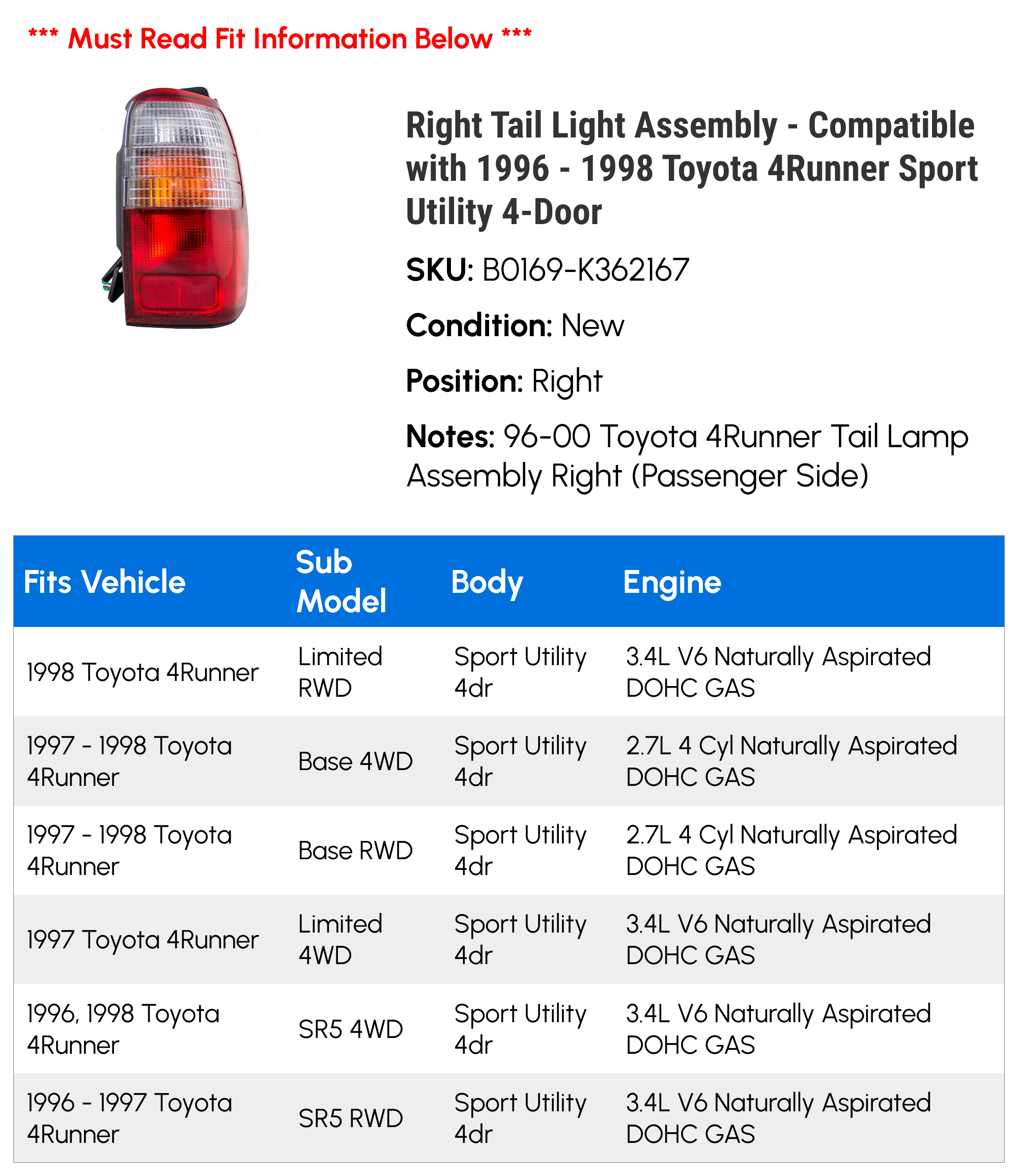 Right Tail Light Assembly - Compatible with 1996 - 1998 Toyota 4Runner Sport Utility 4-Door 1997