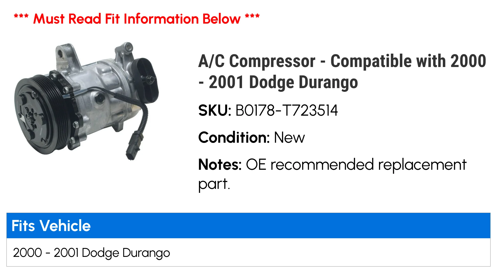 A/C Compressor - Compatible with 2000 - 2001 Dodge Durango