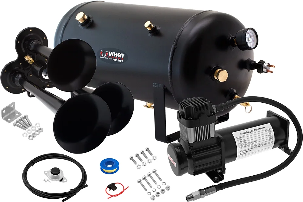 Vixen Horns Train Horn Kit for Trucks/Car/Semi. Complete Onboard System- 200psi Air Compressor, 5 Gallon Tank, 3 Trumpets. Super Loud dB. Fits Vehicles like Pickup/Jeep/RV/SUV 12v VXO8350B/3114B