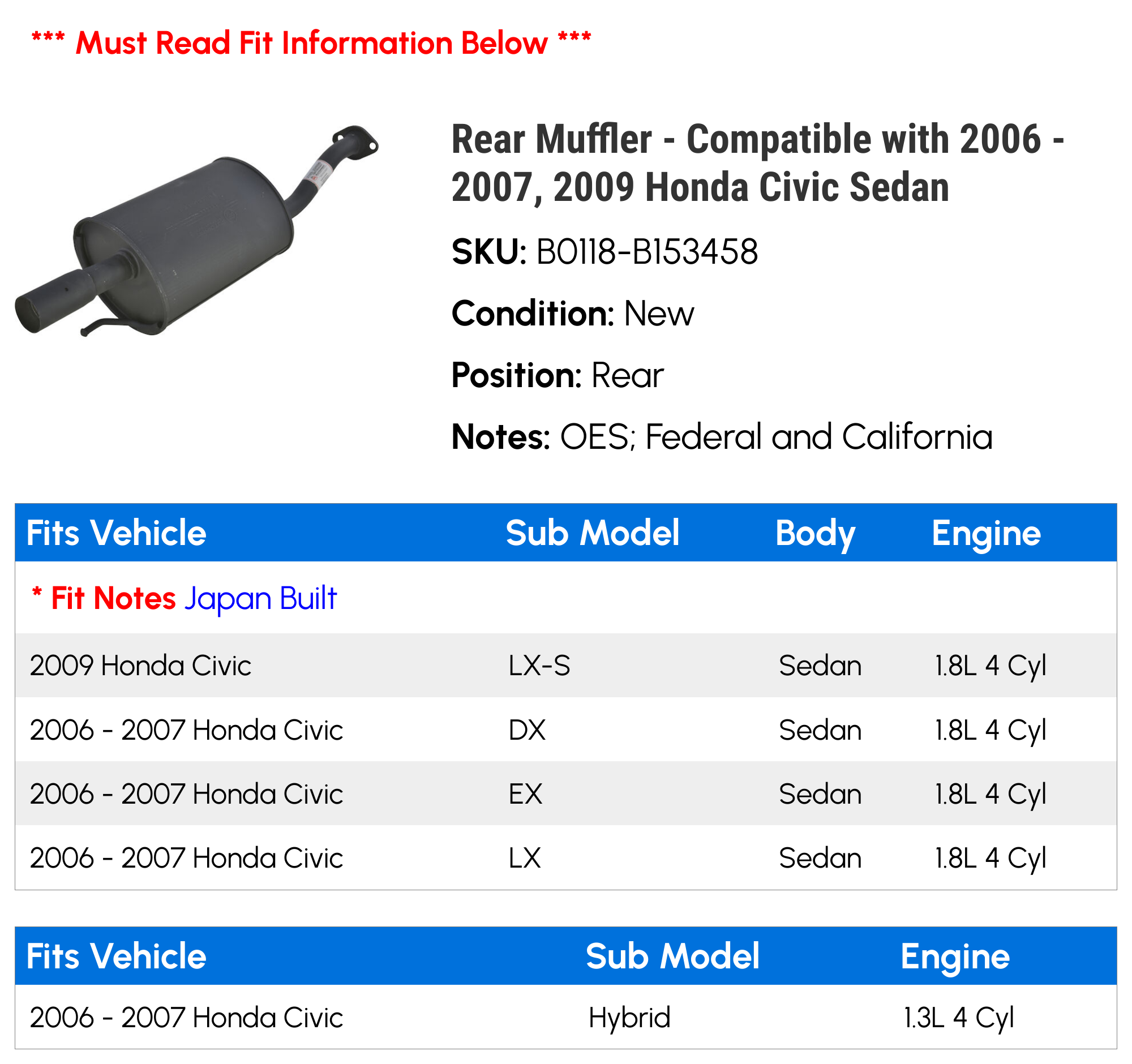Rear Muffler - Compatible with 2006 - 2007, 2009 Honda Civic Sedan
