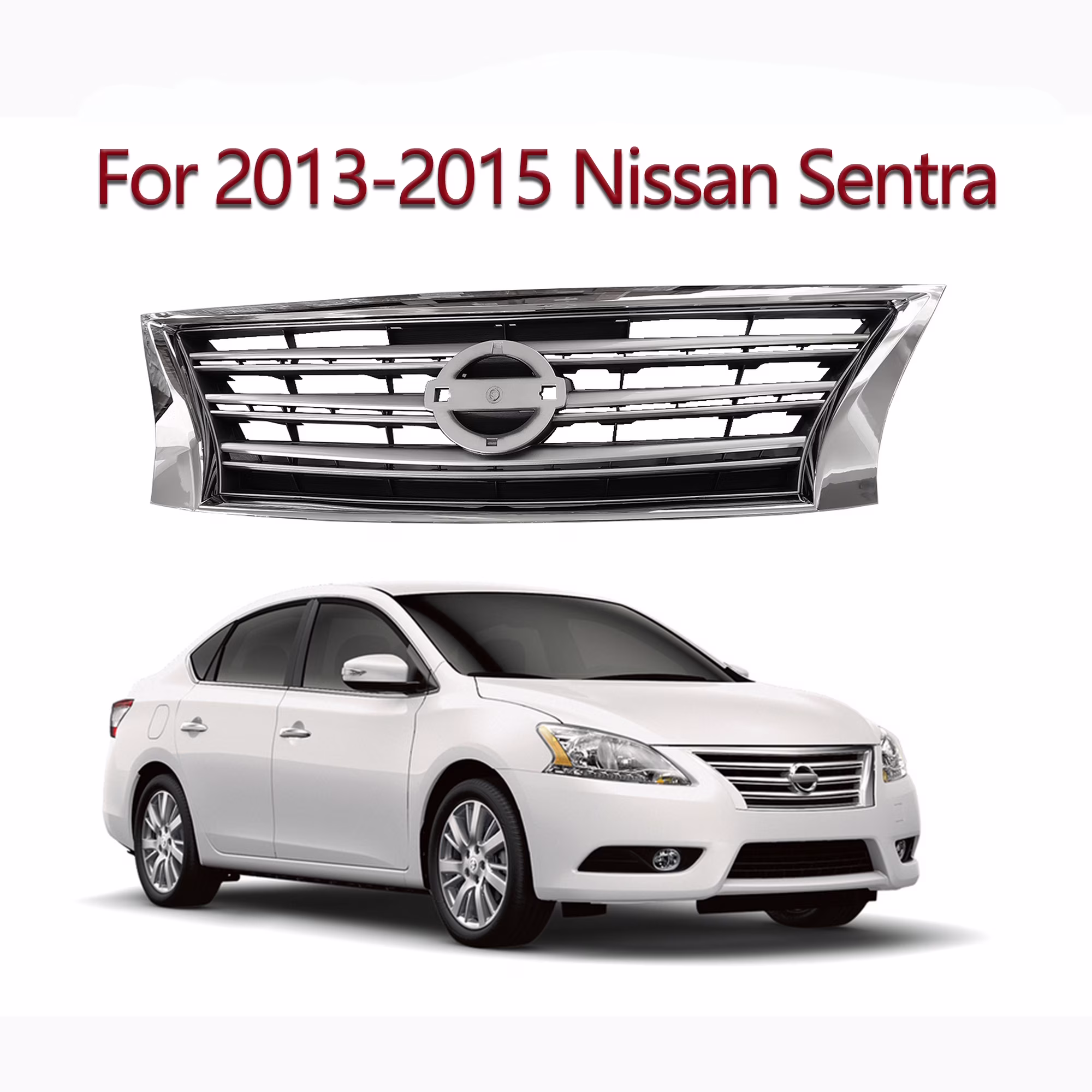 Front Bumper Grille Chrome Shell Silver Insert For 2013 2014 2015 Nissan Sentra NI1200252