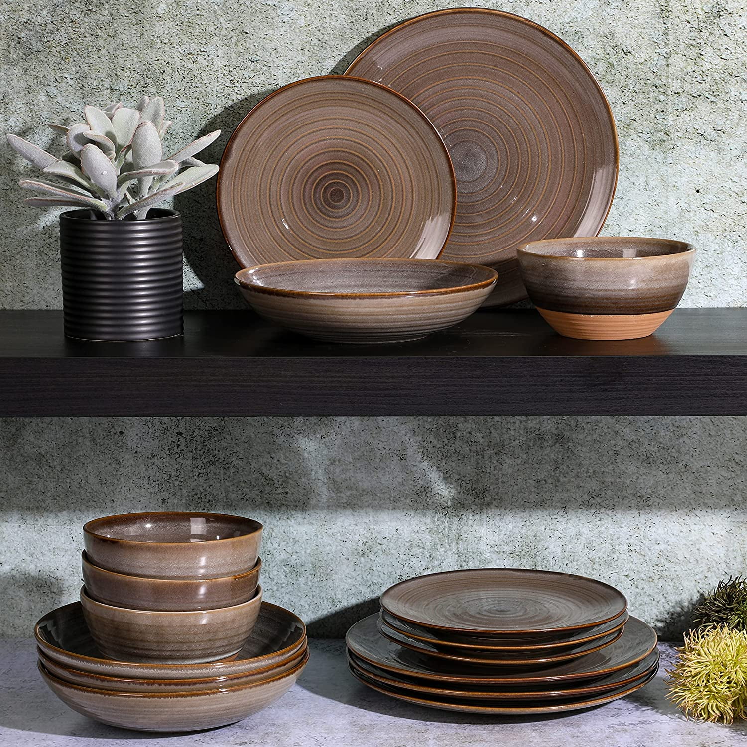 YHZCY 16 Piece Dreamweaver Double Bowl Terracotta Reactive Dinnerware Set - Earthy Brown