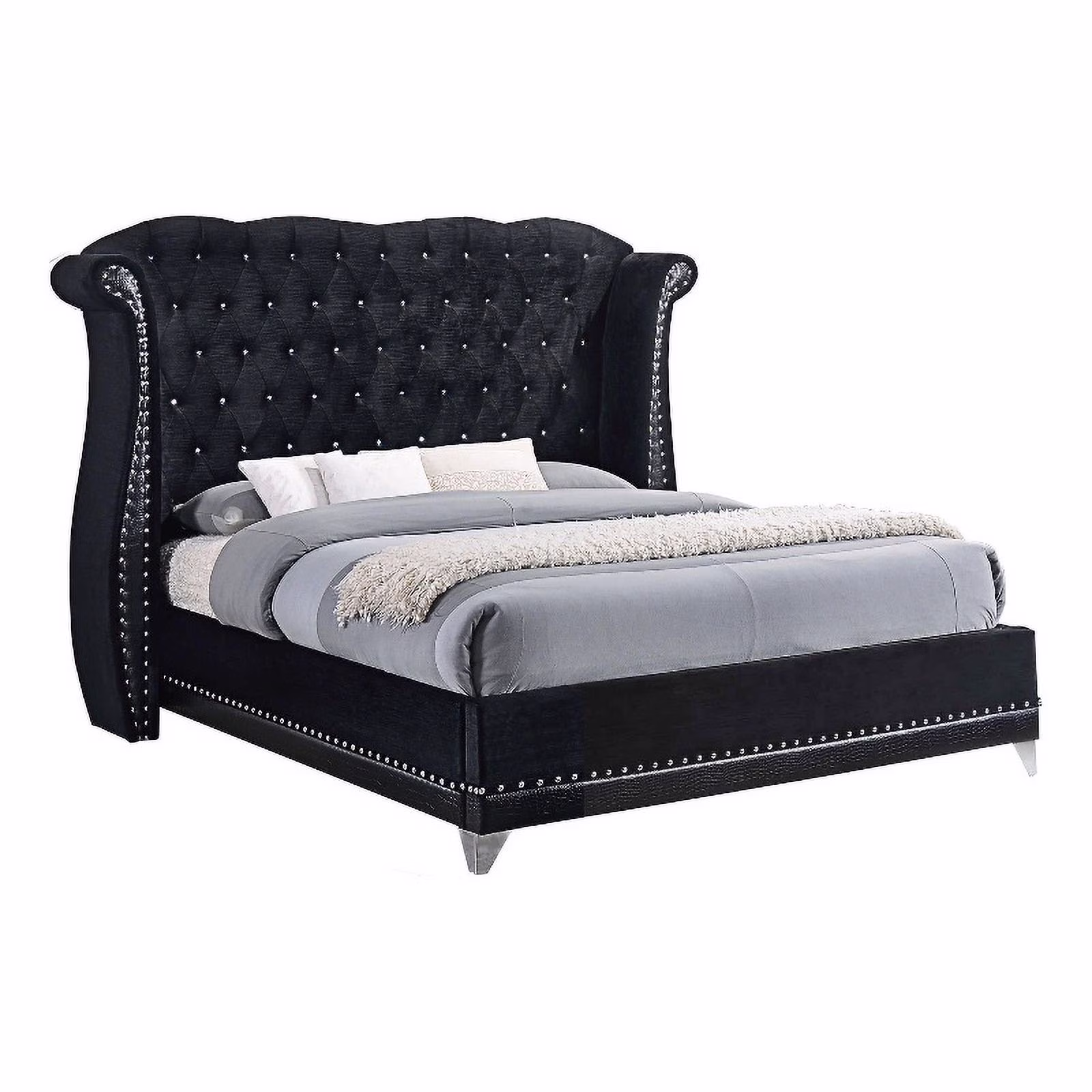 Pemberly Row Queen Contemporary Tufted Velvet Upholstered Bed Black