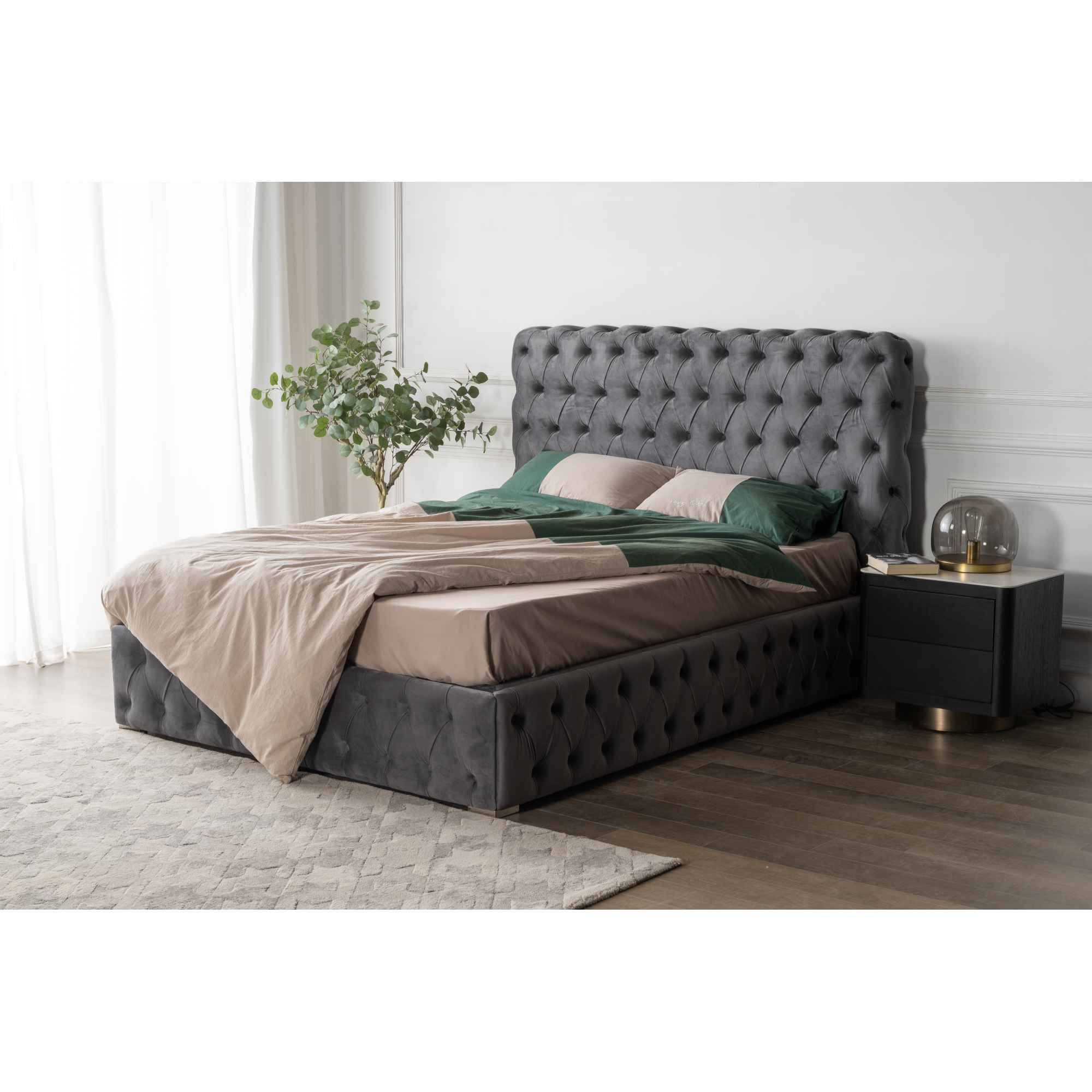 3585QUEEN BED Beautiful line stripe cushion headboard,Portable pneumatic connection rod+Grey Flannelette