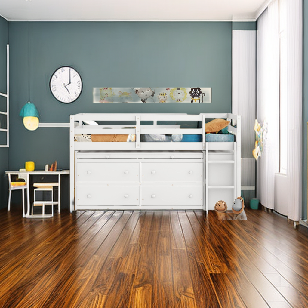 Twin Size Retractable Writing 4 Drawers, Wooden Loft Bed with Lateral Portable Desk and Shelves, for Kids Adults Bedroom