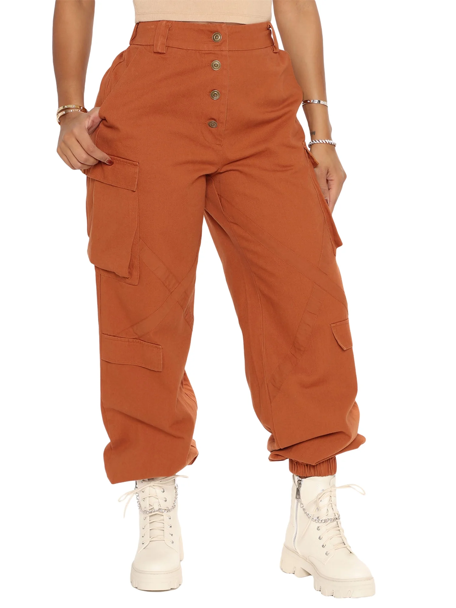 Women High Waist Cargo Pants with Pockets Casual Elastic Solid Color Hiking Pants Trousers