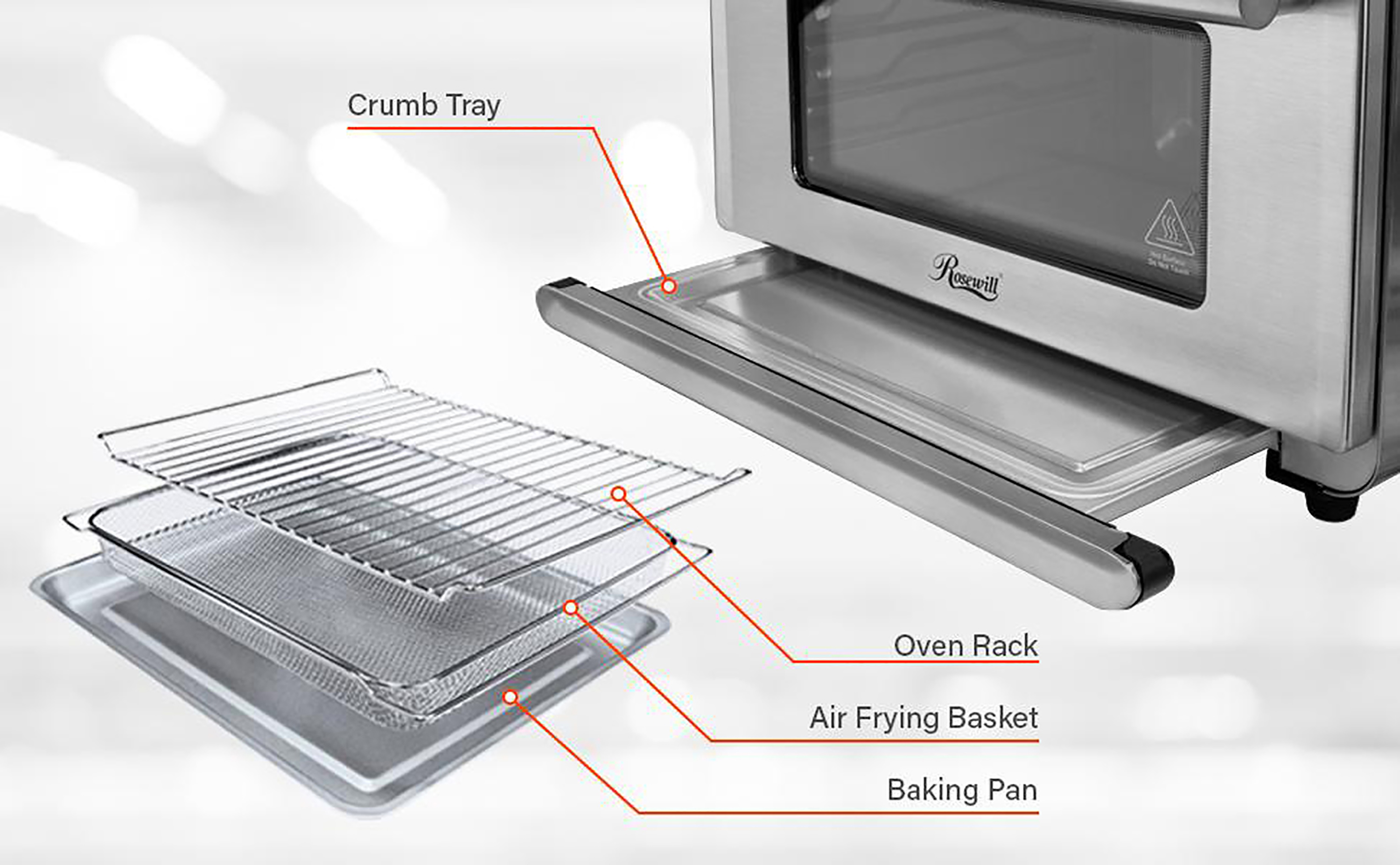 1800 W 4-Tray Stainless Steel Air Fryer Convection Toaster Oven with Large Transparent Window