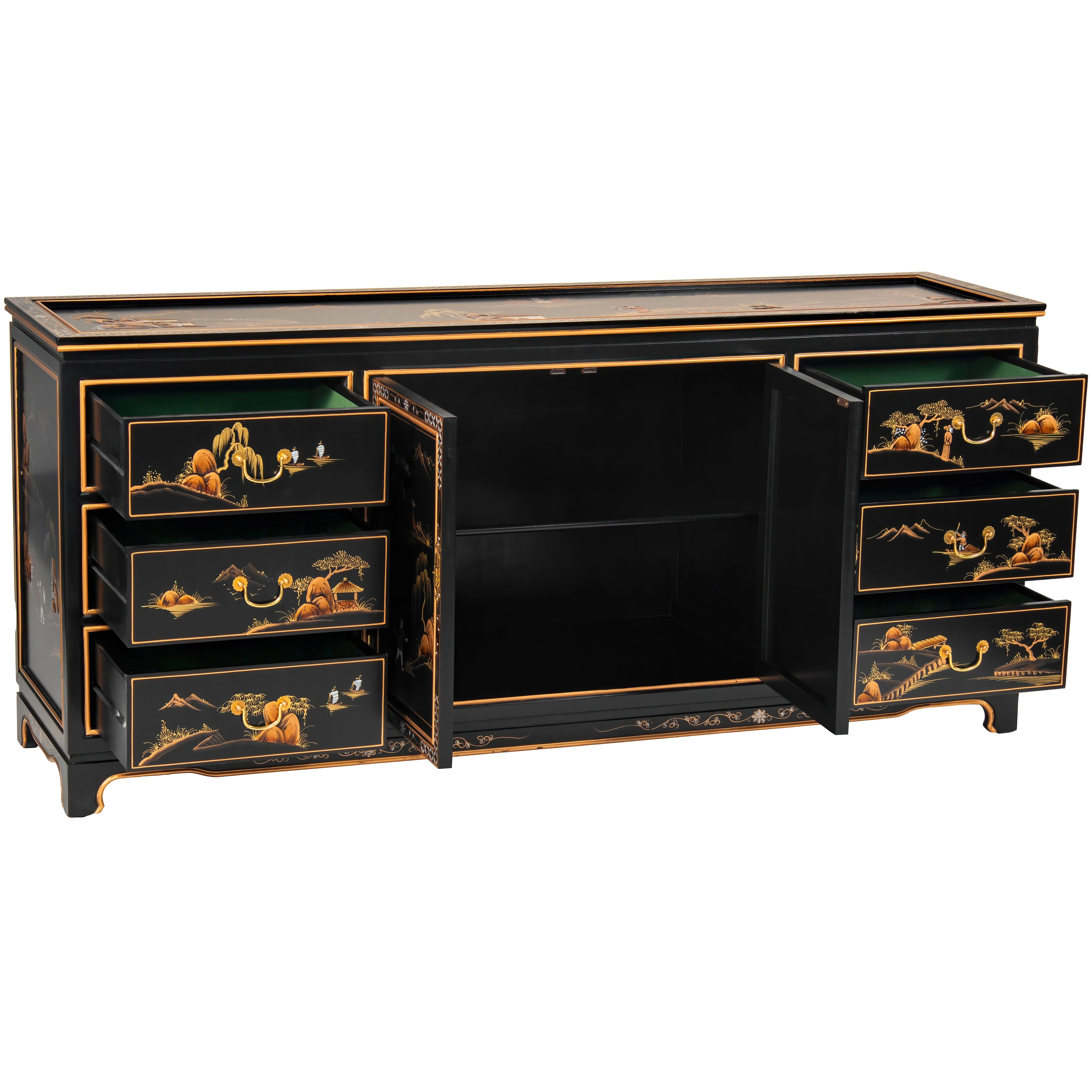 Oriental Furniture Black Lacquer Dresser - Landscape