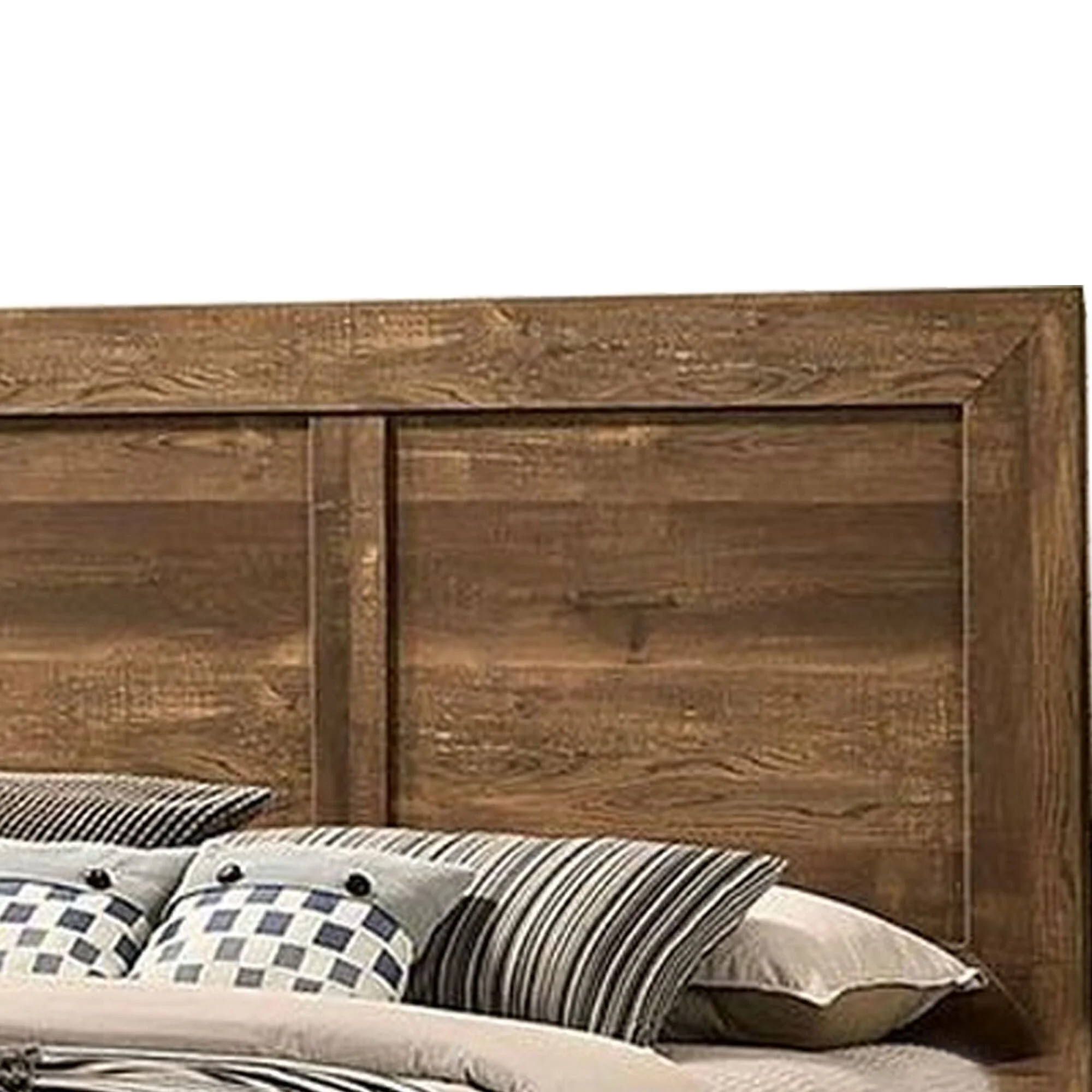 Rustic Style Wooden Queen Bed with Grain Details, Brown