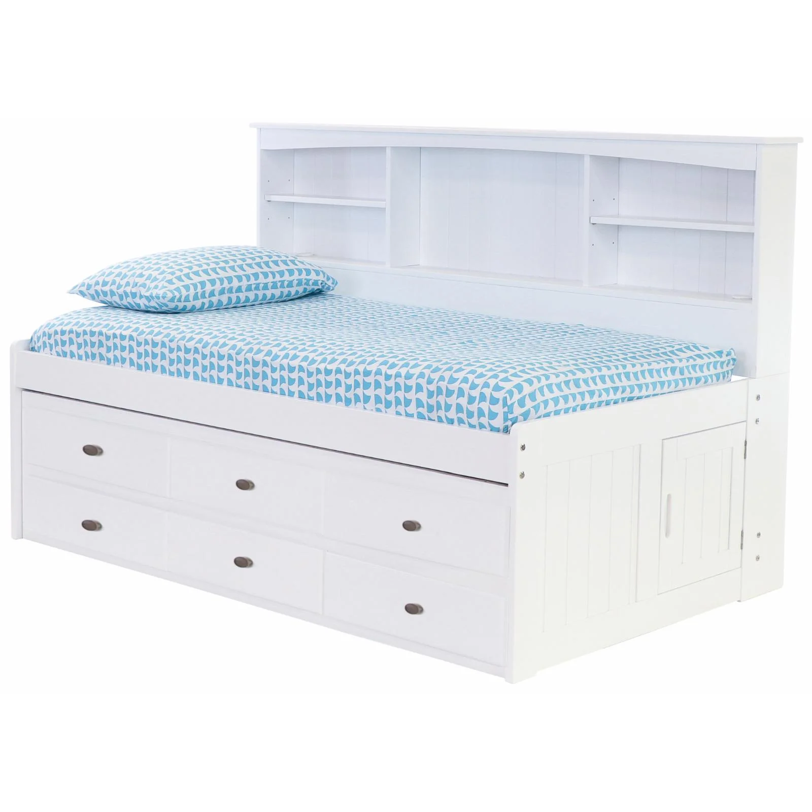 OS Home and Office Furniture Solid Pine Twin Bookcase Daybed with Six Drawers in Casual White