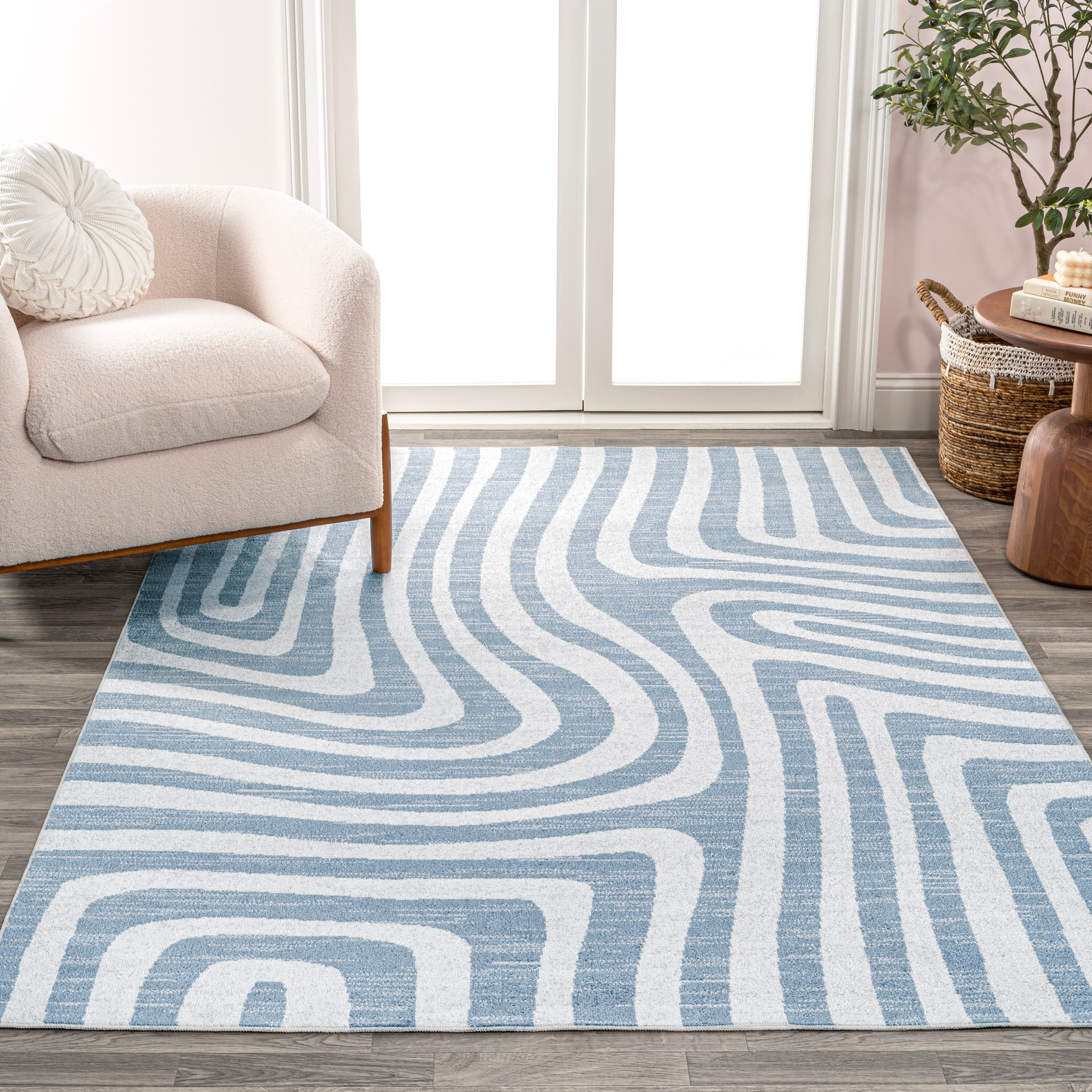 JONATHAN Y  Kallax Abstract Two-Tone Low-Pile Machine-Washable Blue/Cream Area Rug 4 X 6