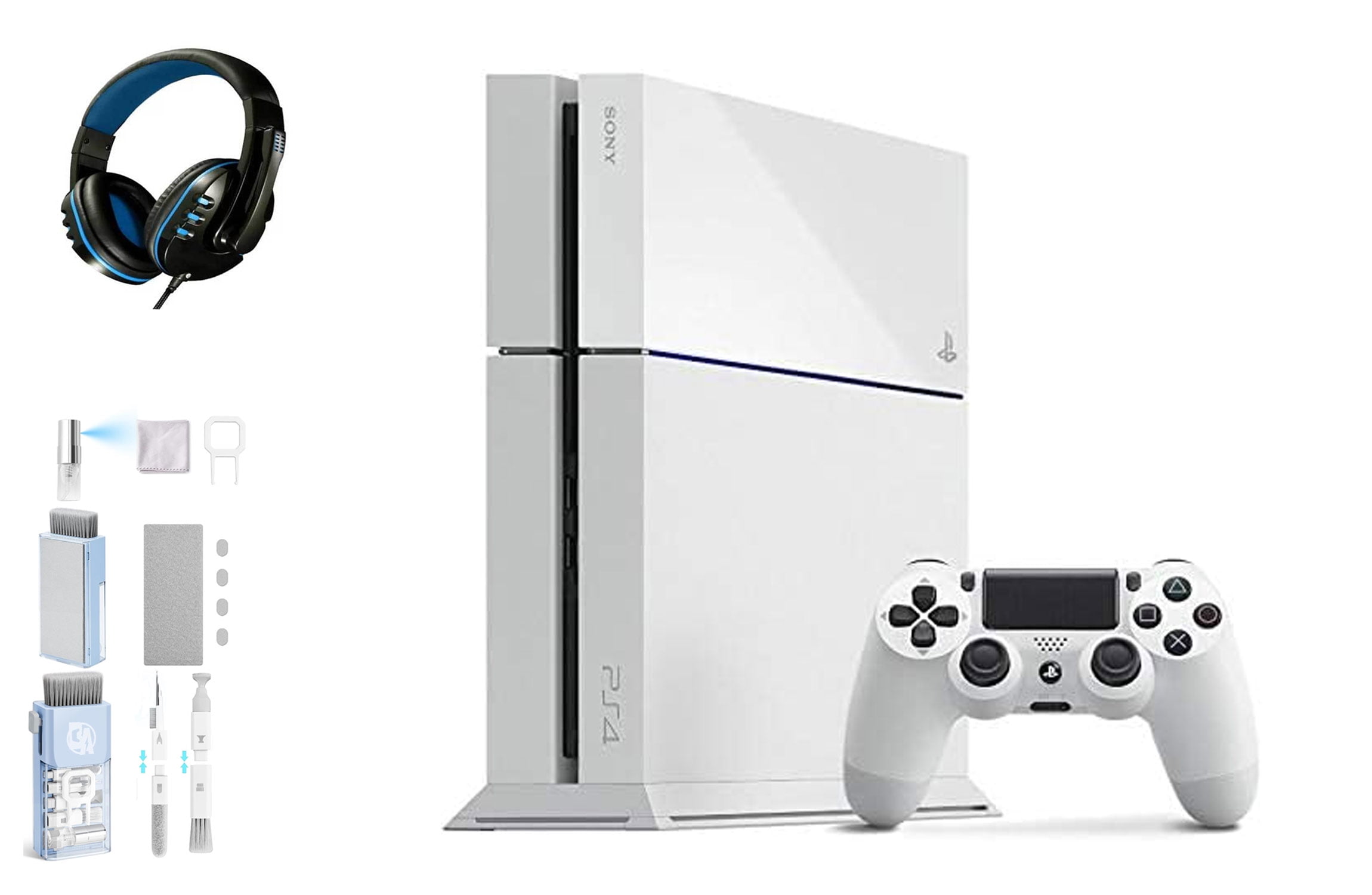 Sony PlayStation 4 500GB Gaming Console White Headset with BOLT AXTION Cleaning Kit Bundle Like New