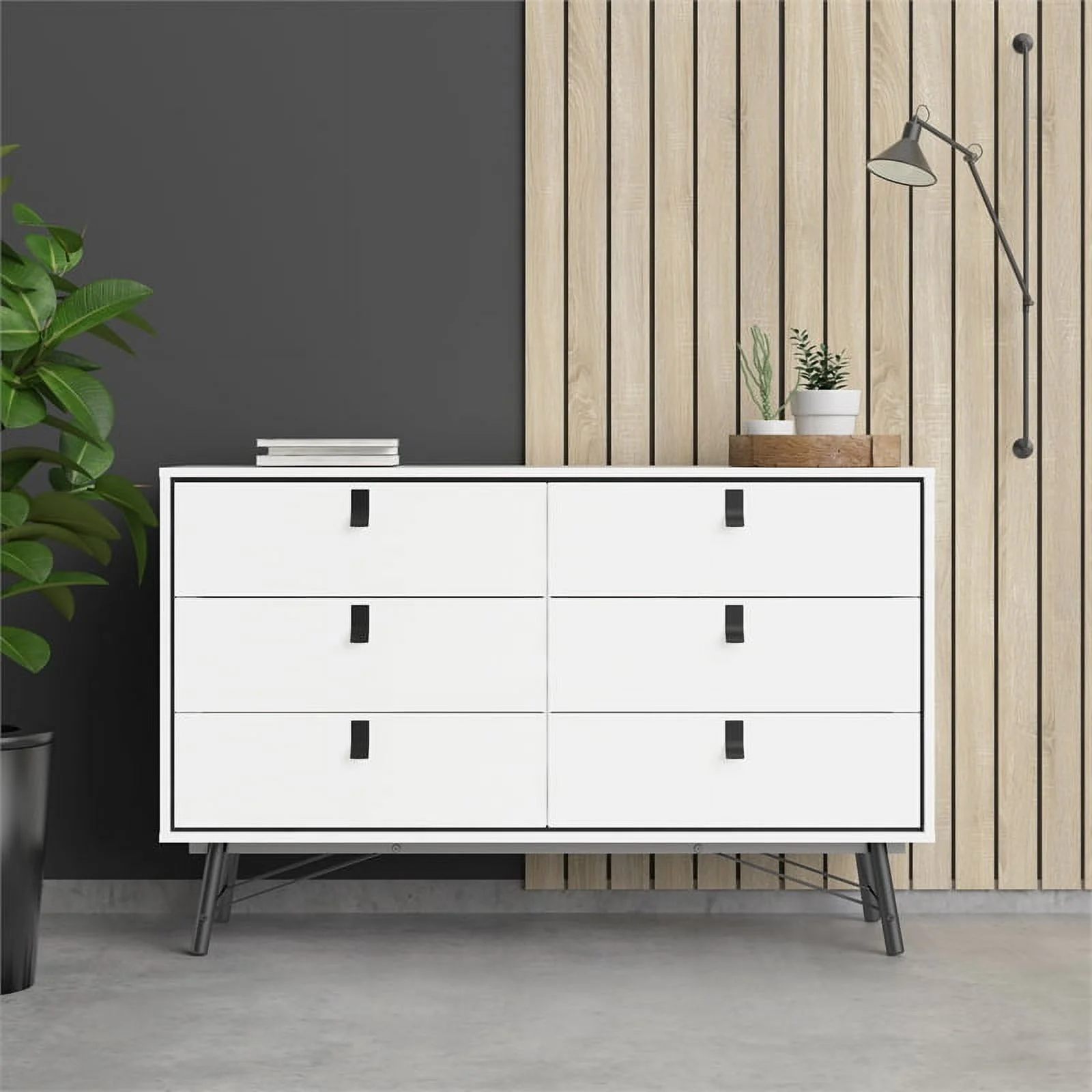 Pemberly Row Engineered Wood 6 Drawer Double Dresser in White Matte and Black