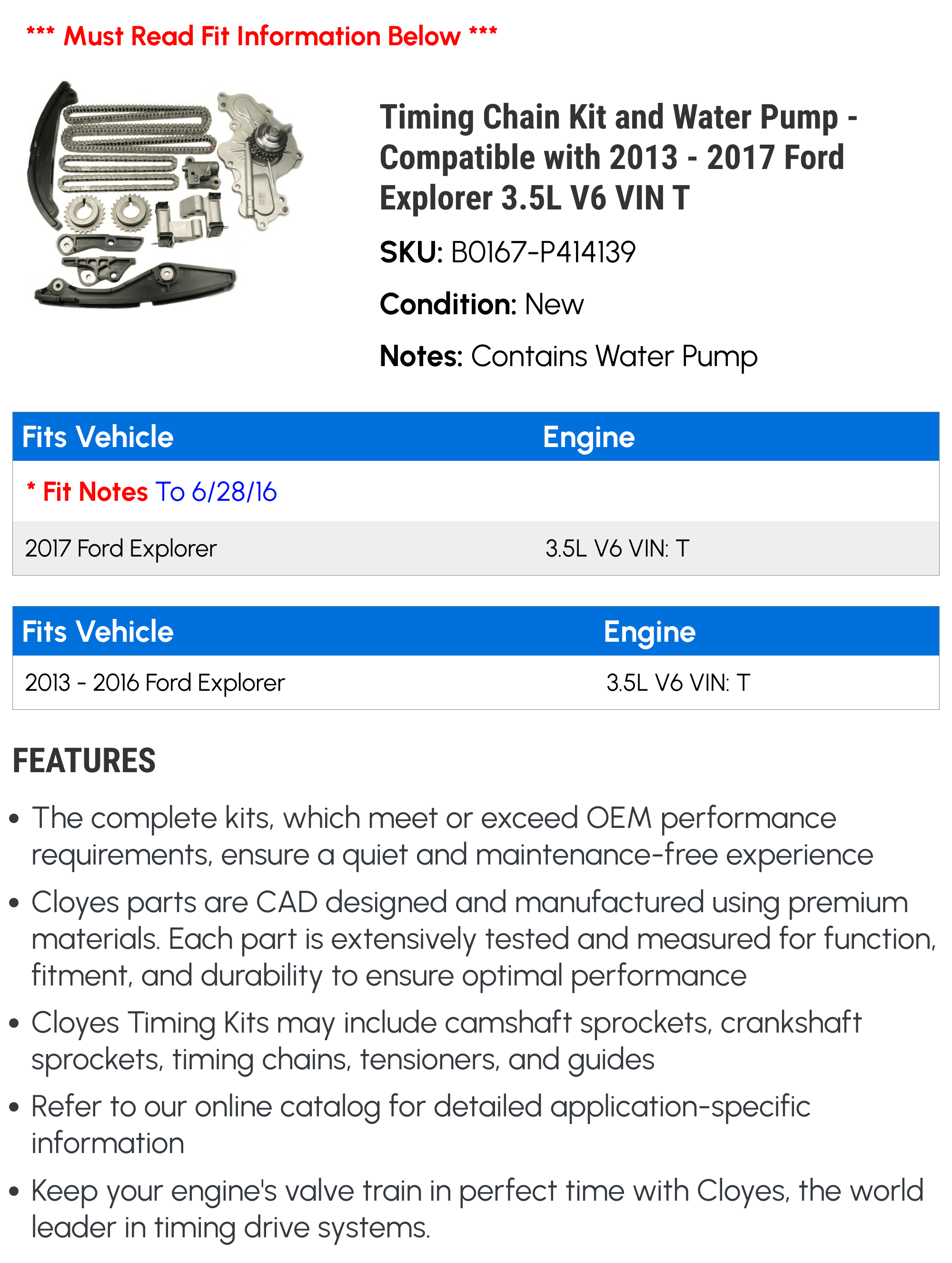 Timing Chain Kit and Water Pump - Compatible with 2013 - 2017 Ford Explorer 3.5L V6 VIN T 2014 2015 2016