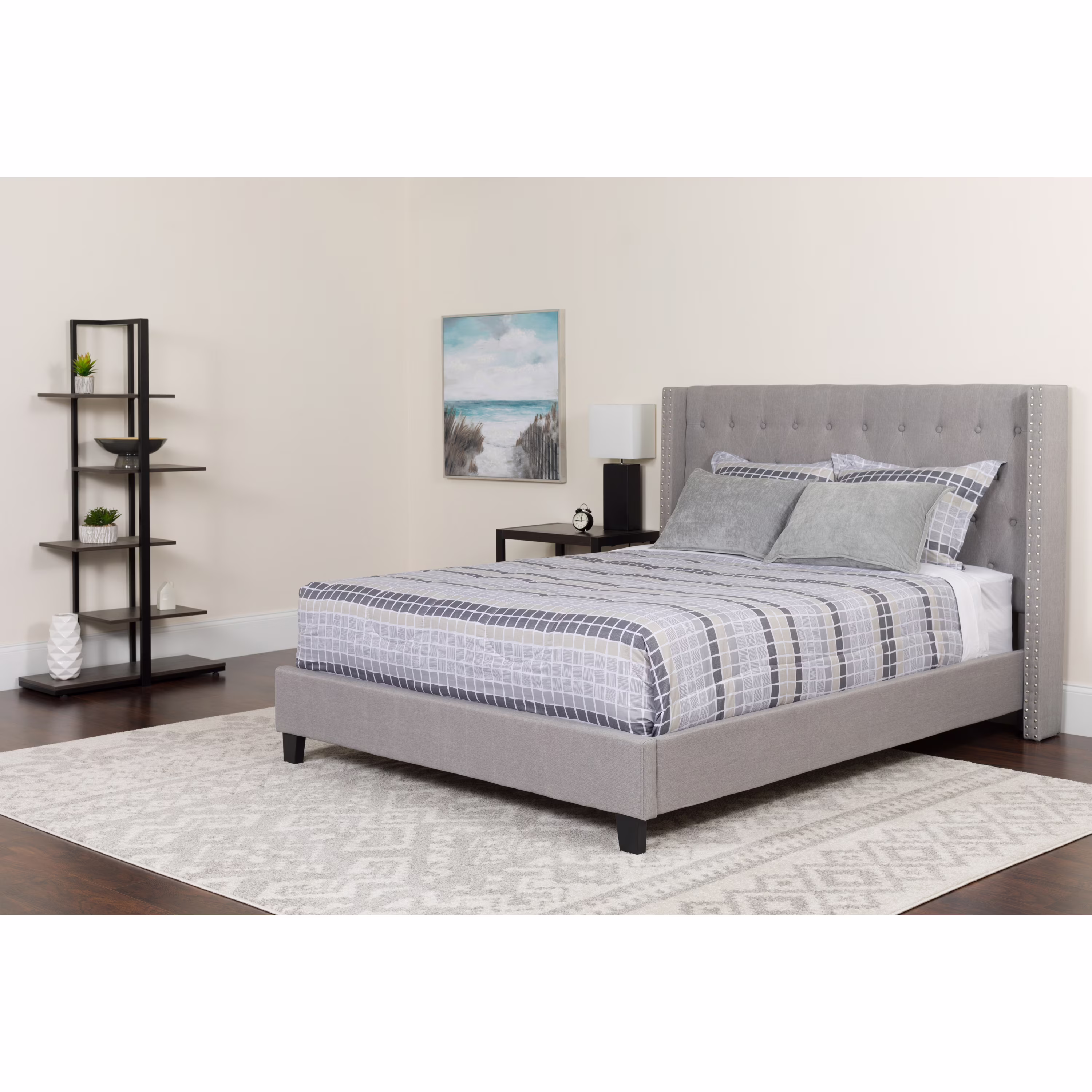 Emma + Oliver King Accent Extended Panel Platform Bed/Mattress-Light Gray Fabric
