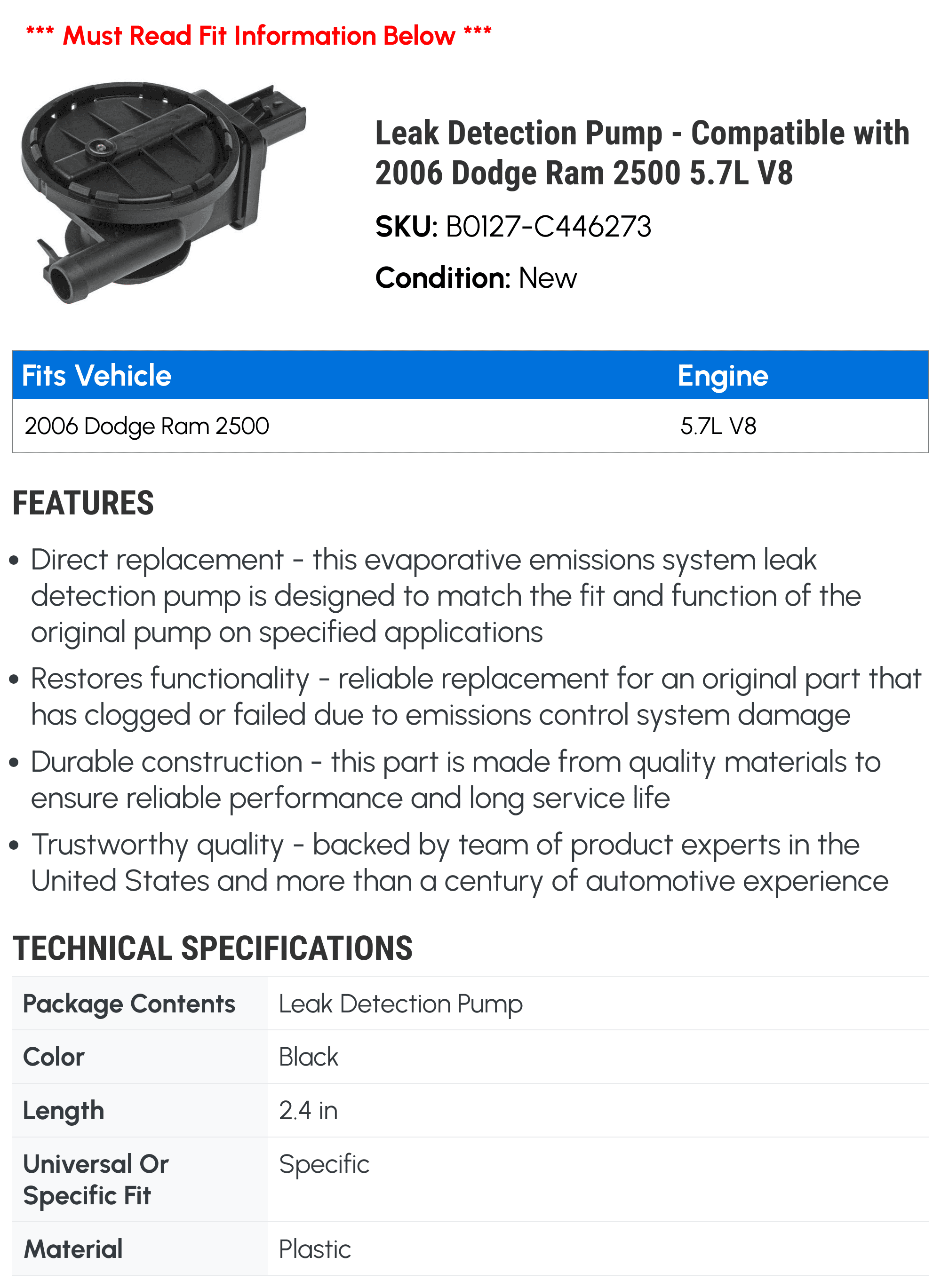 Leak Detection Pump - Compatible with 2006 Dodge Ram 2500 5.7L V8