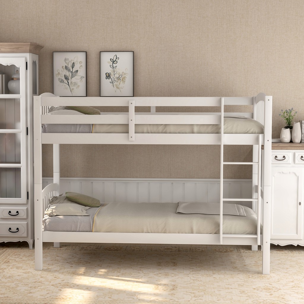 HomeRoots 403884 Antique White Twin Size Over Bunk Bed with Roof