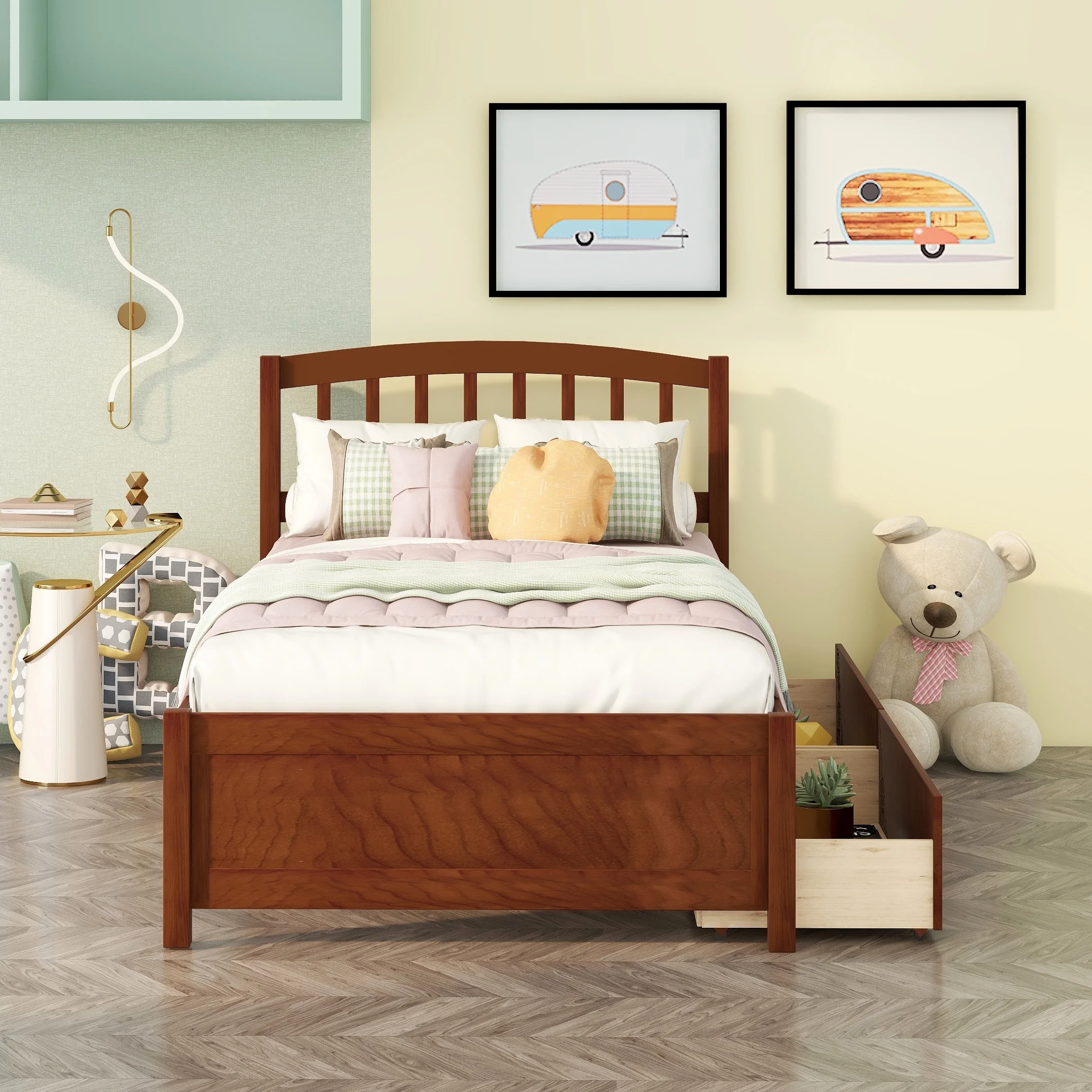 Bellemave Twin Bed Frame with 2 Storage Drawers, Wood Platform Beds with Headboard, Modern Kids Storage Bed (Walnut)