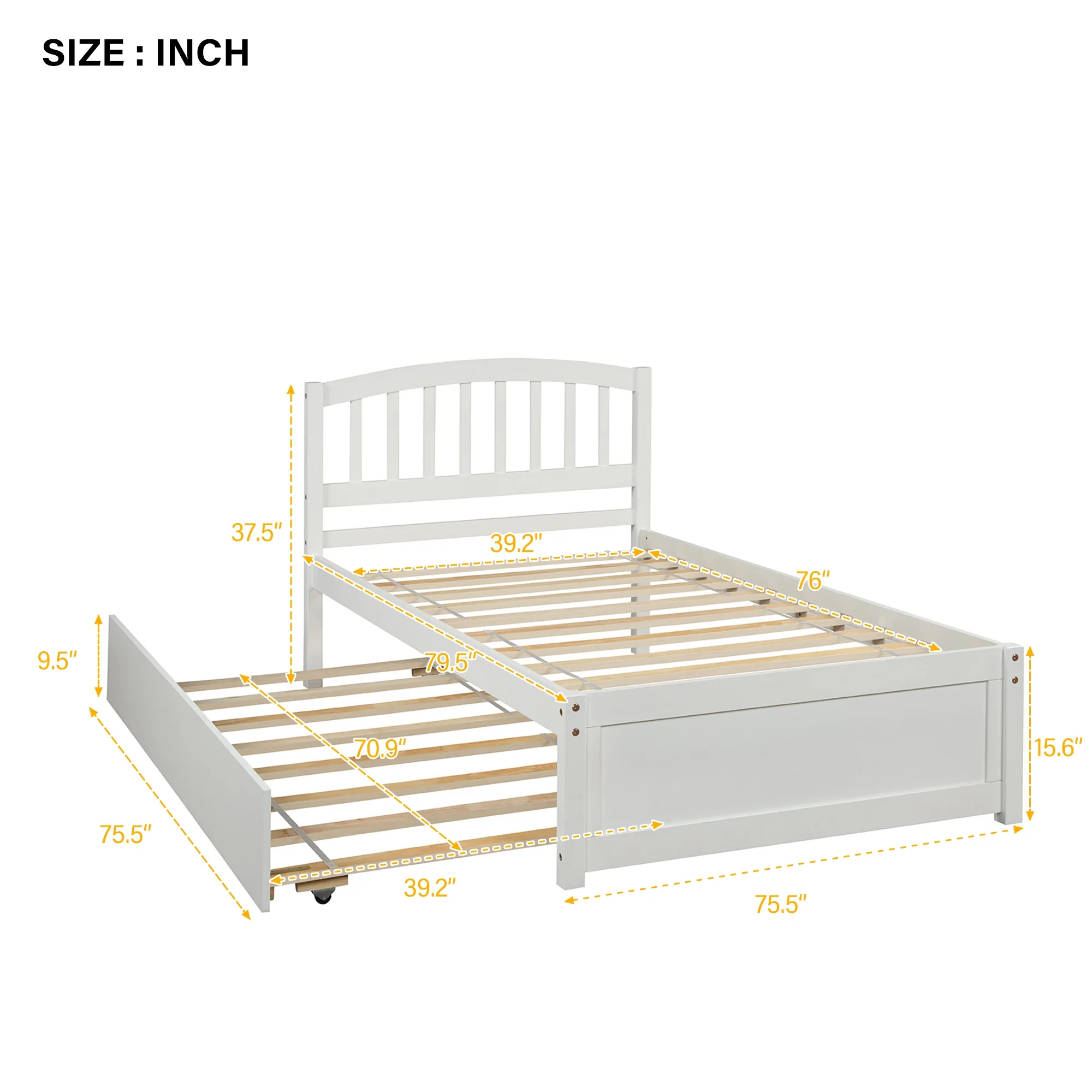 Twin Platform Bed, Twin Size Bed with Trundle, Wood Twin Bed Frame with Headboard, No Box Spring Needed (White, Twin with Trundle)