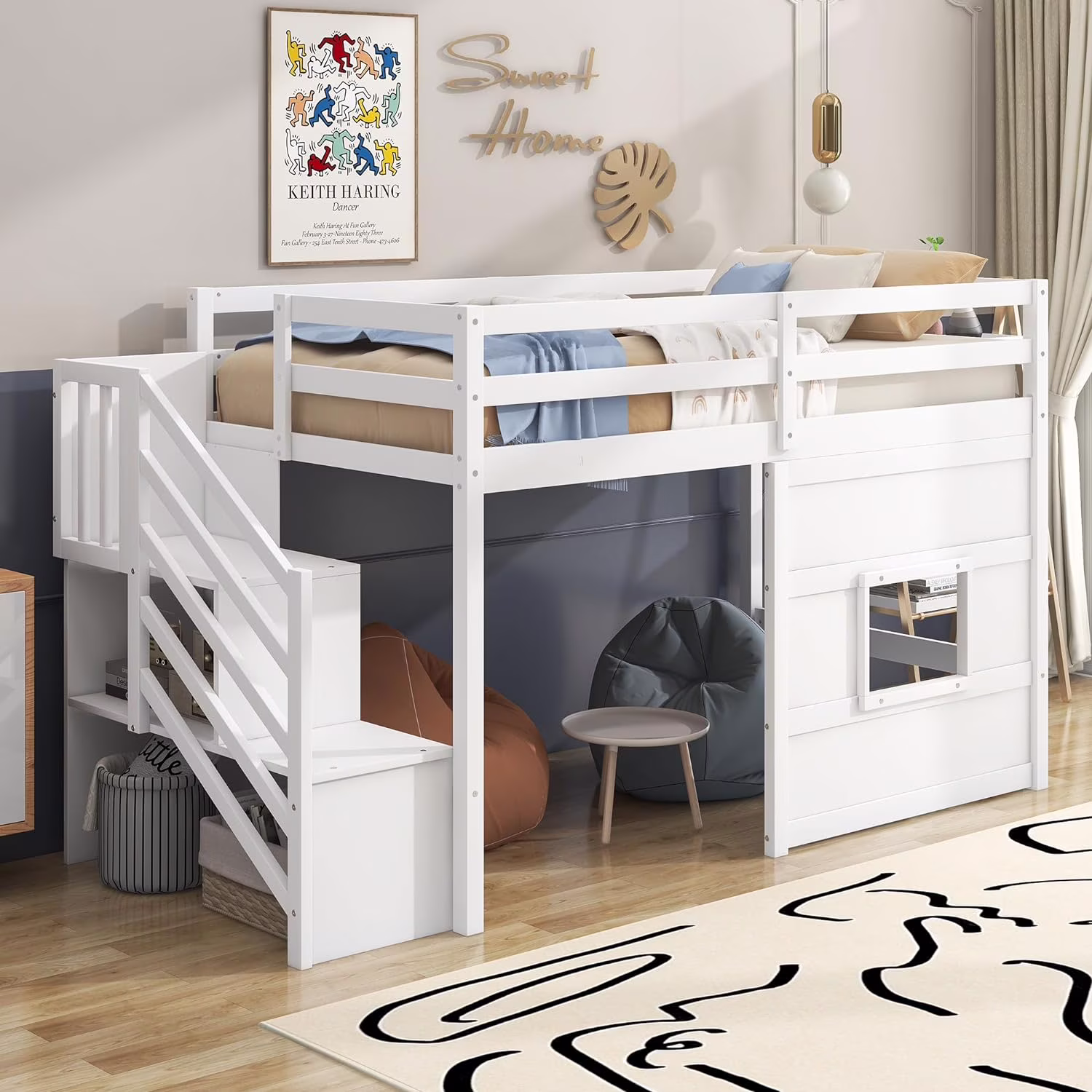 Size Low Lof Bed Wih Sorage Saircase Ad Widow, Woode Lof Bed Frame For Kids, ees, Boys, Girls, o Box Sprig eeded (, Whie)