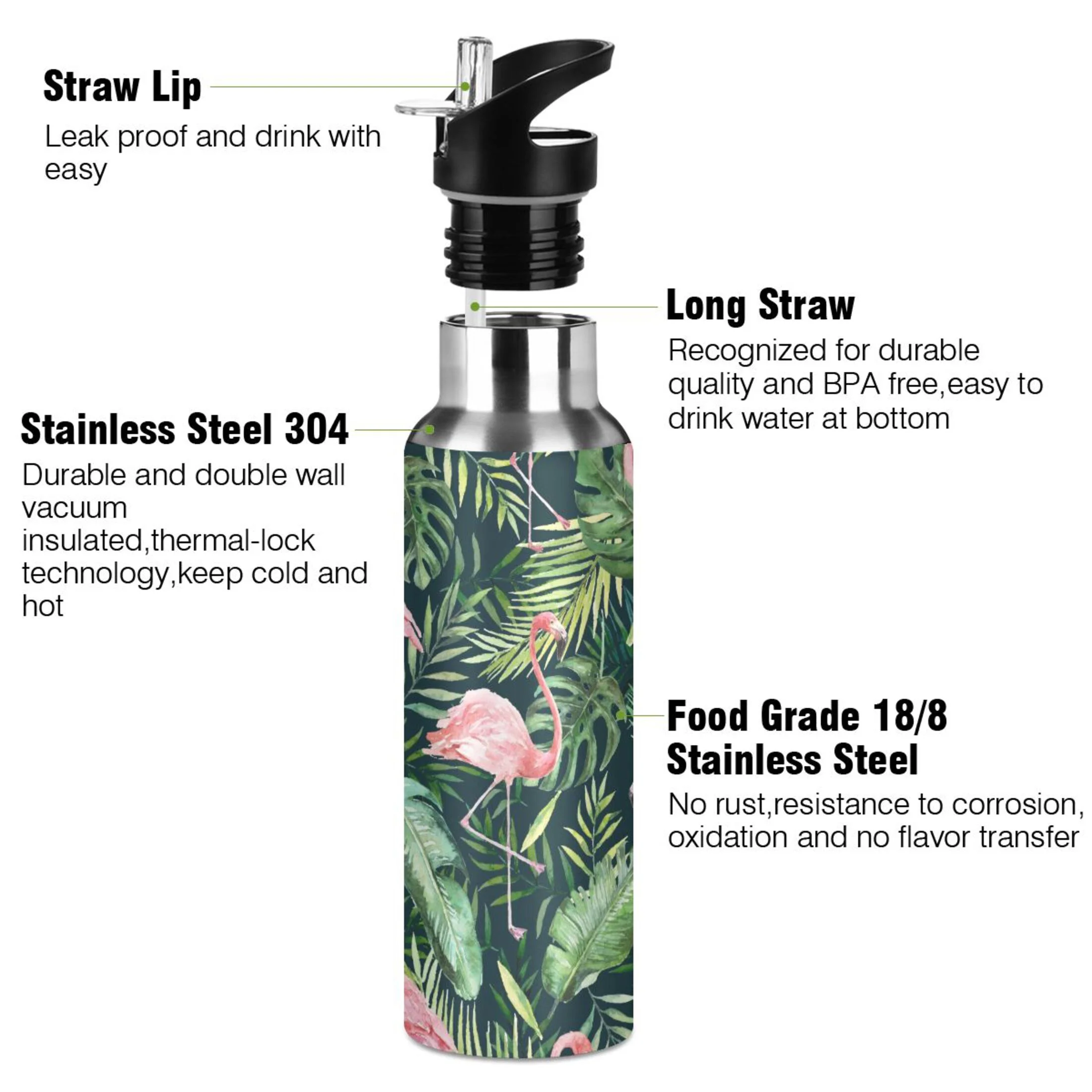 Water Bottle with Straw Lid Leak Green Palm Leaves and Flamingo Stainless Steel Insulated Thermos Vacuum Flask for Cold Hot Drinking for Sports Camping Gym Yoga