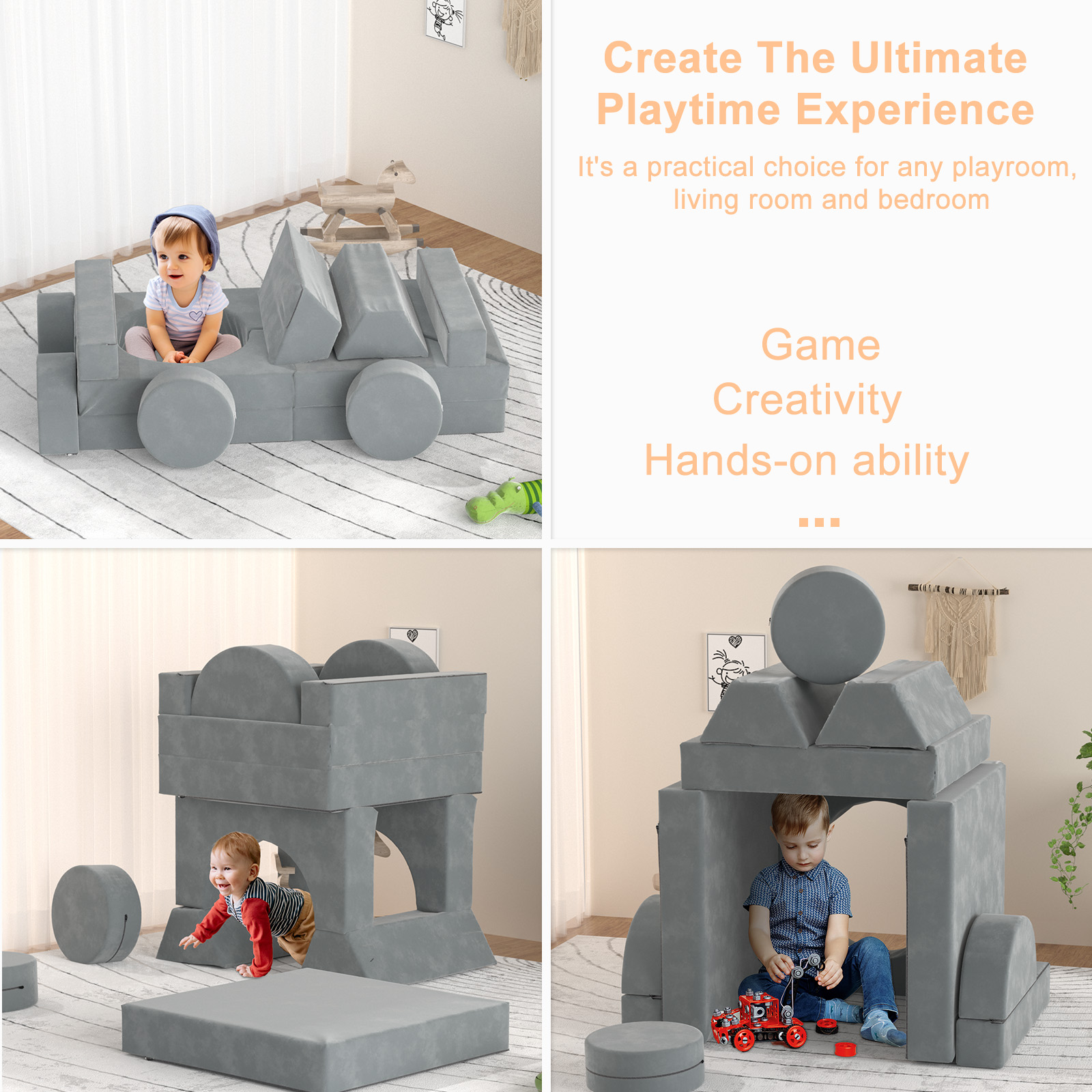 XJD 14pcs Modular Kids Play Couch, Child Sectional Sofa, Fortplay Bedroom and Playroom Furniture for Toddlers, Convertible Foam and Floor Cushion for Boys and Girls, Gray