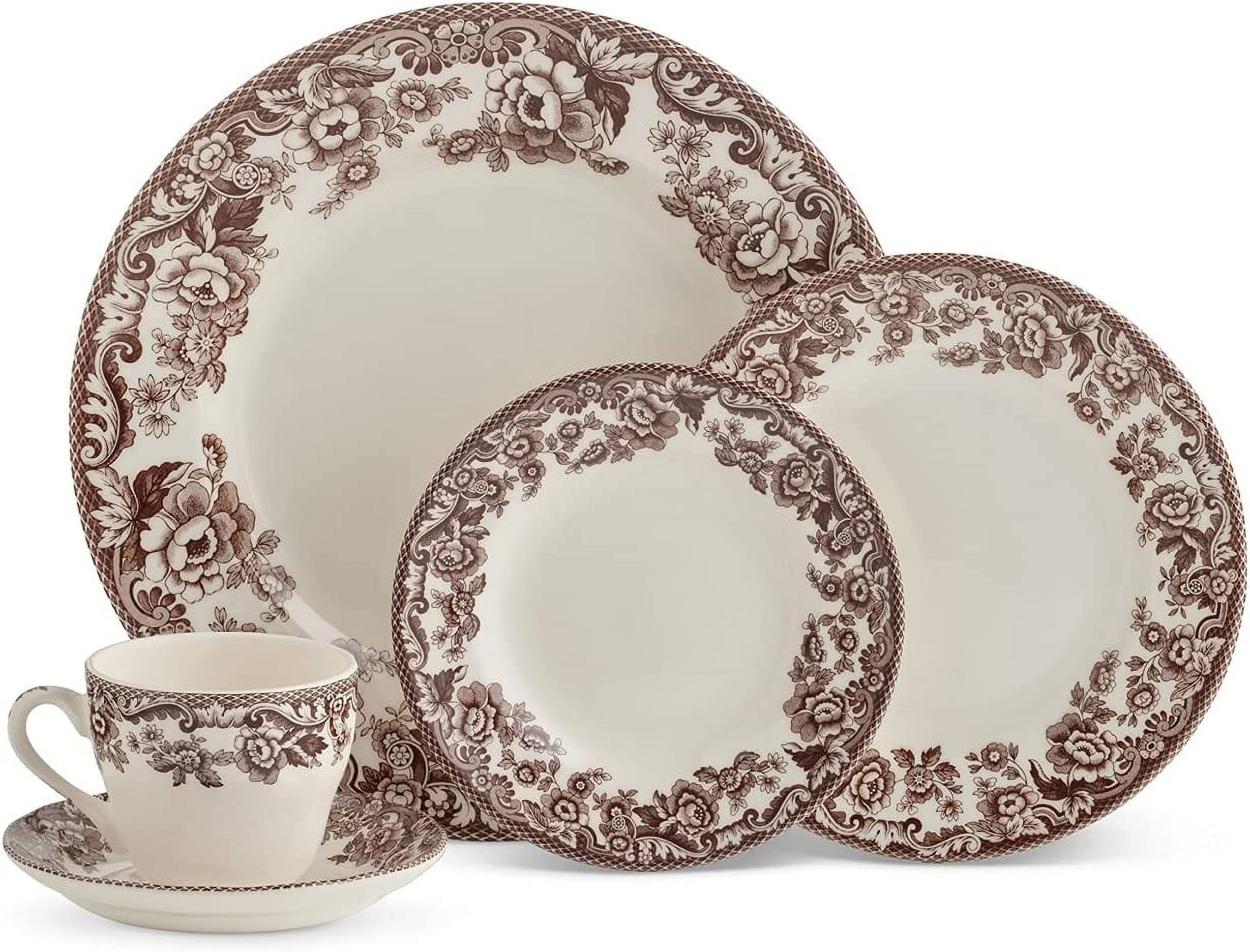 DIQIN Delamere 5 Piece Place Setting, Brown Earthenware, Includes Dinner Plate, Salad Plate, Bread Plate, Teacup and Saucer, Microwave and Dishwasher Safe
