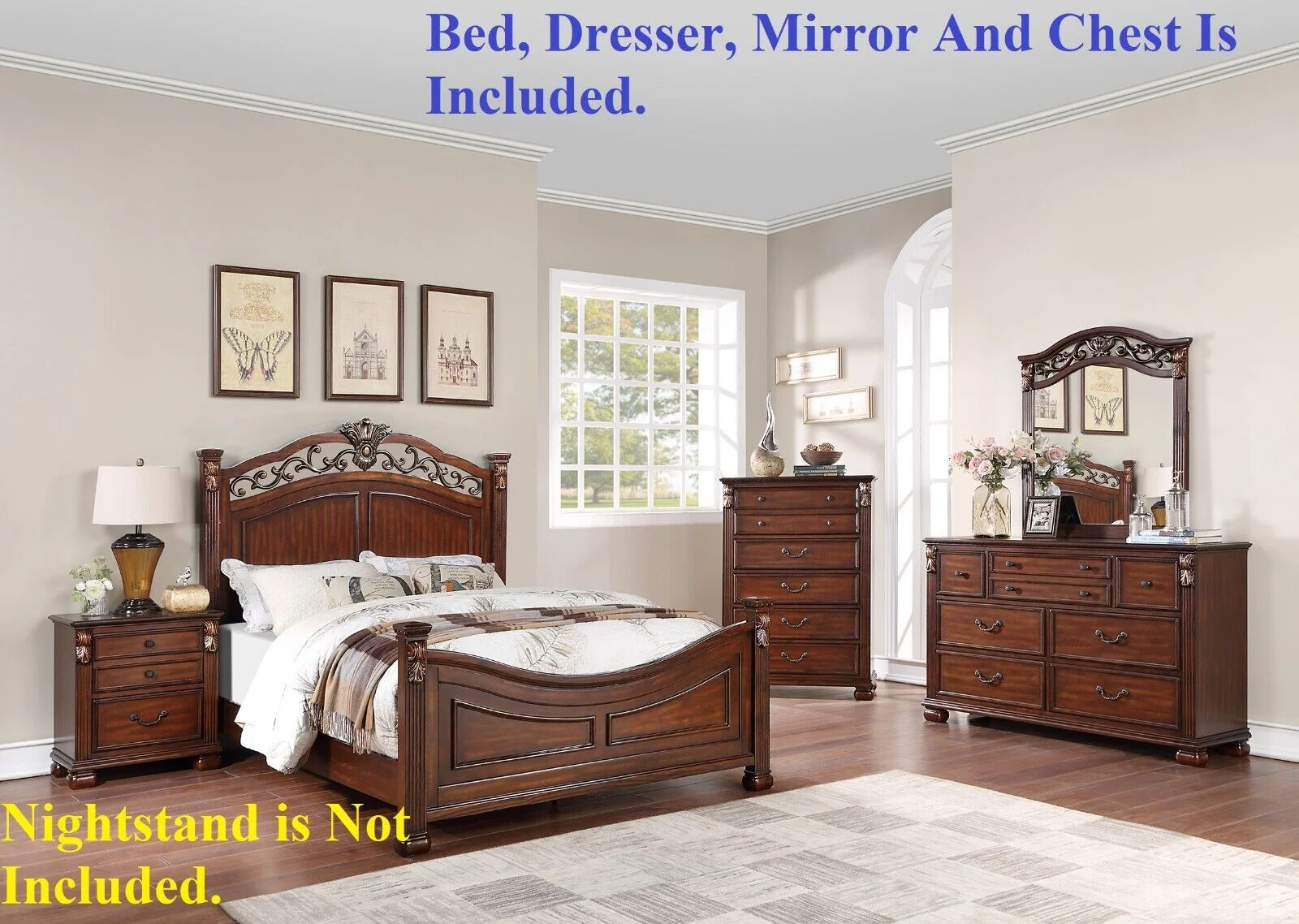 Royal Classic Traditional Eastern King Bed Dresser Mirror Chest Brown Finish 4pc Set Bedroom Furniture Gorgeous Headboard