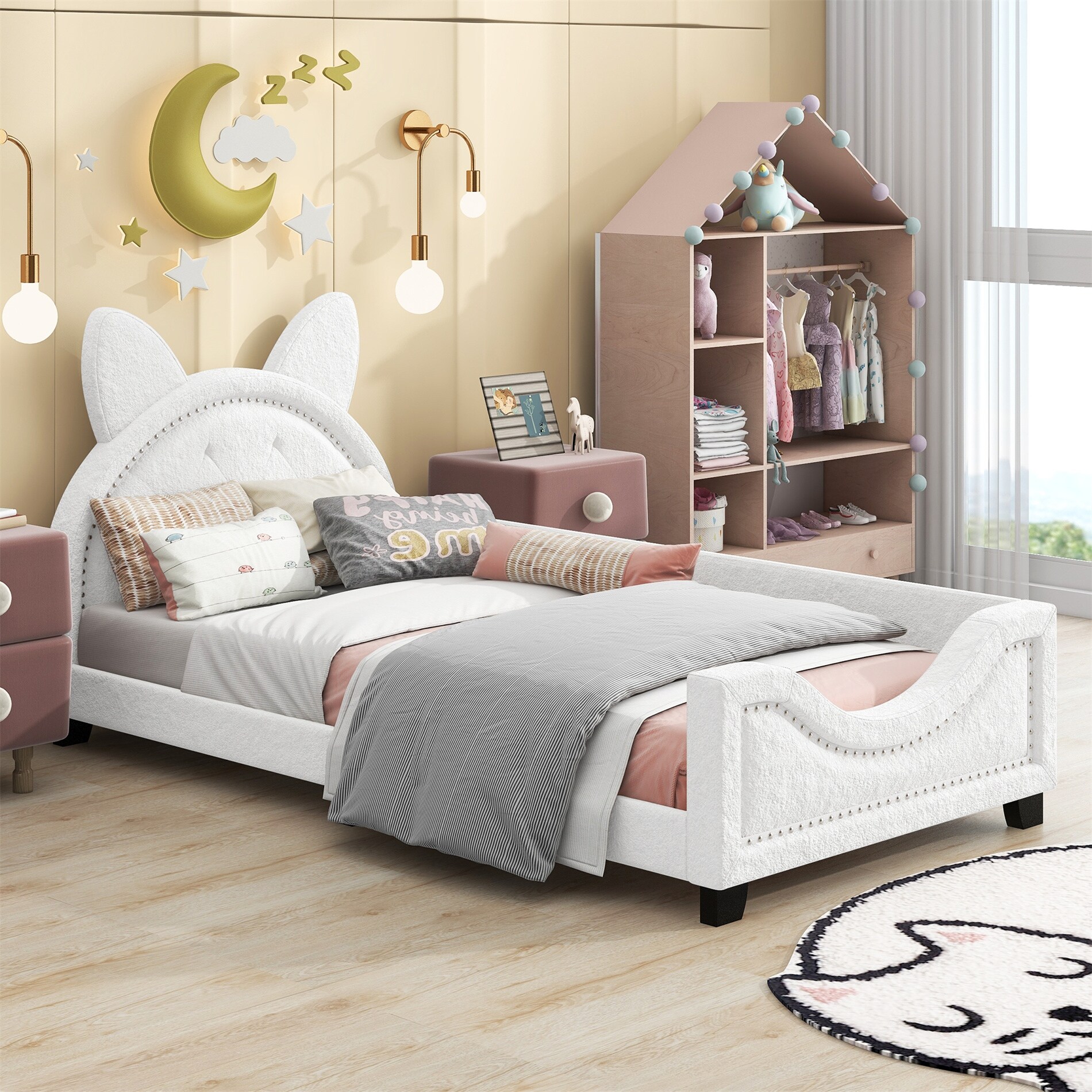 Kuurfuurdo Upholstered Daybed with Cartoon Ears Shaped Headboard,Twin Size