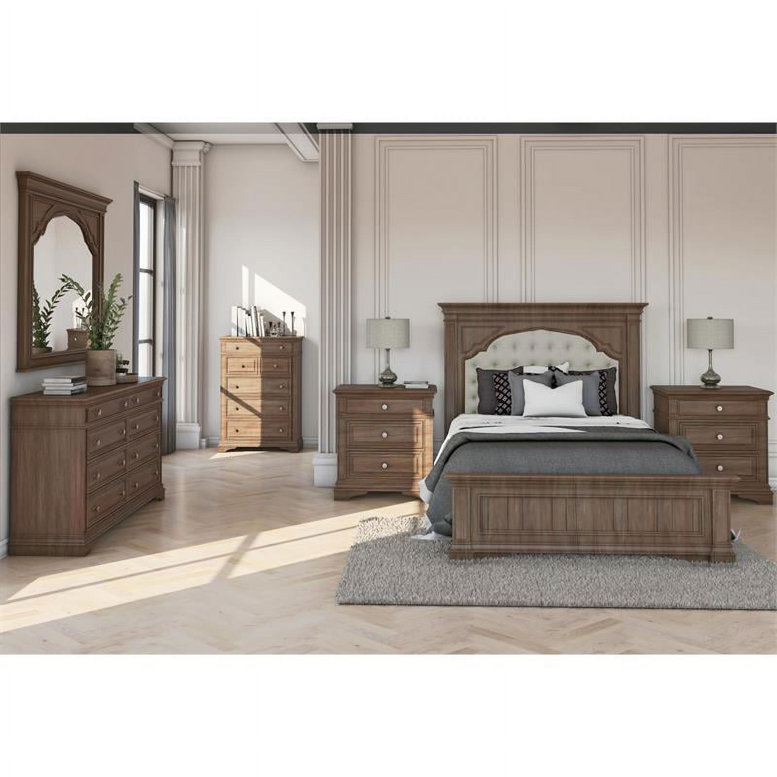 Bowery Hill Highland Park Solid Wood Driftwood Gray Upholstered Panel Queen Bed