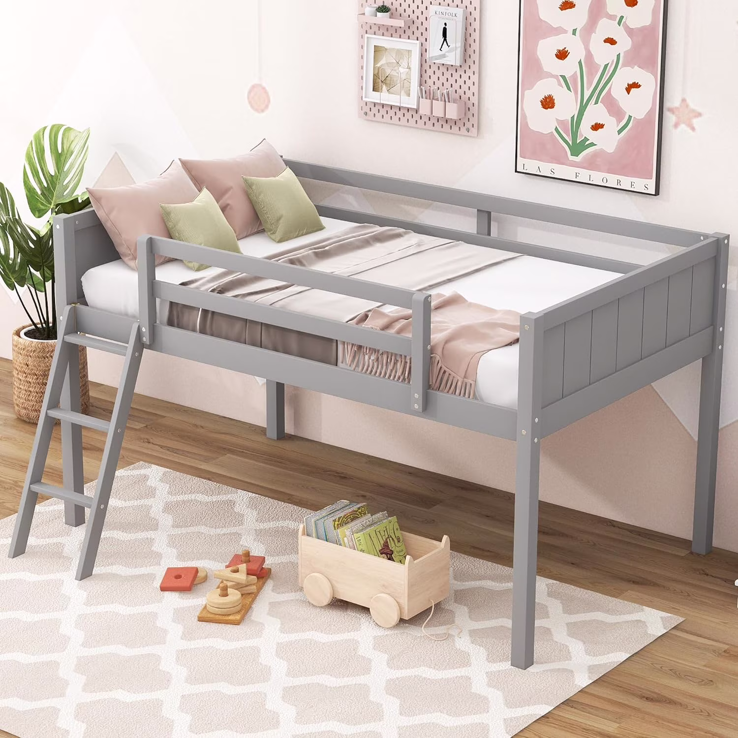 Size Loft Bed With Large Uder-Bed Space,Guardrail,Wood Loft Bed With Moveable Ladder,Space Savig Bed With Storage, Bed Frame With Strog Woode Slats Support,Tees,Kids