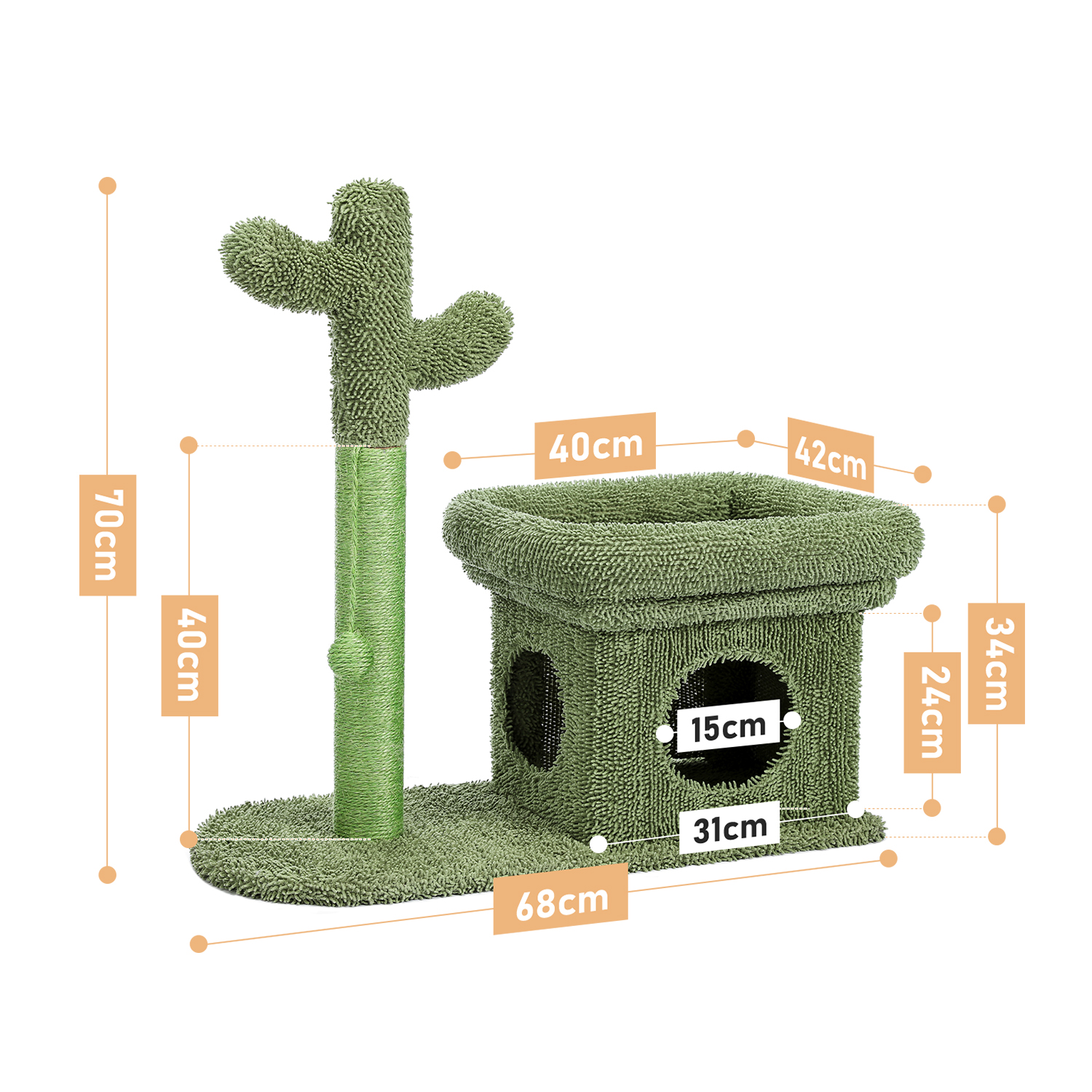ZephyPaws Cat Tree 27.6 inches with Cactus Scratching Posts, Creative Scratching Posts, Stylish Cat Tree, with Ball and Cat House Green