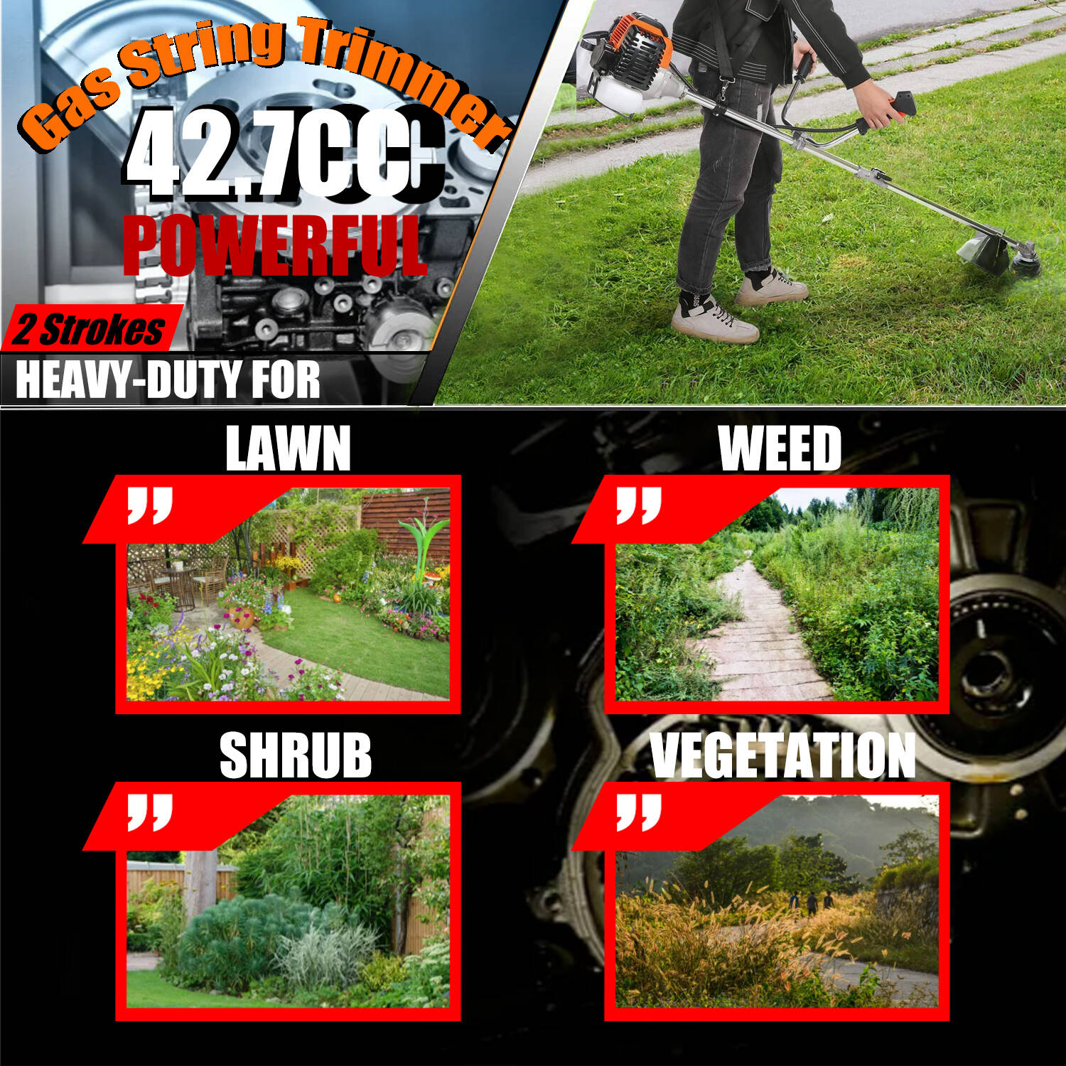42.7cc Gas Weed Wacker, 2 in 1 Weed Eater 2-Cycle Gas Powered Grass Trimmer, Adjustable Straight Shaft Gasoline Powered Weed Eater, Brush Cutter and Gas String Trimmer, Gas Power