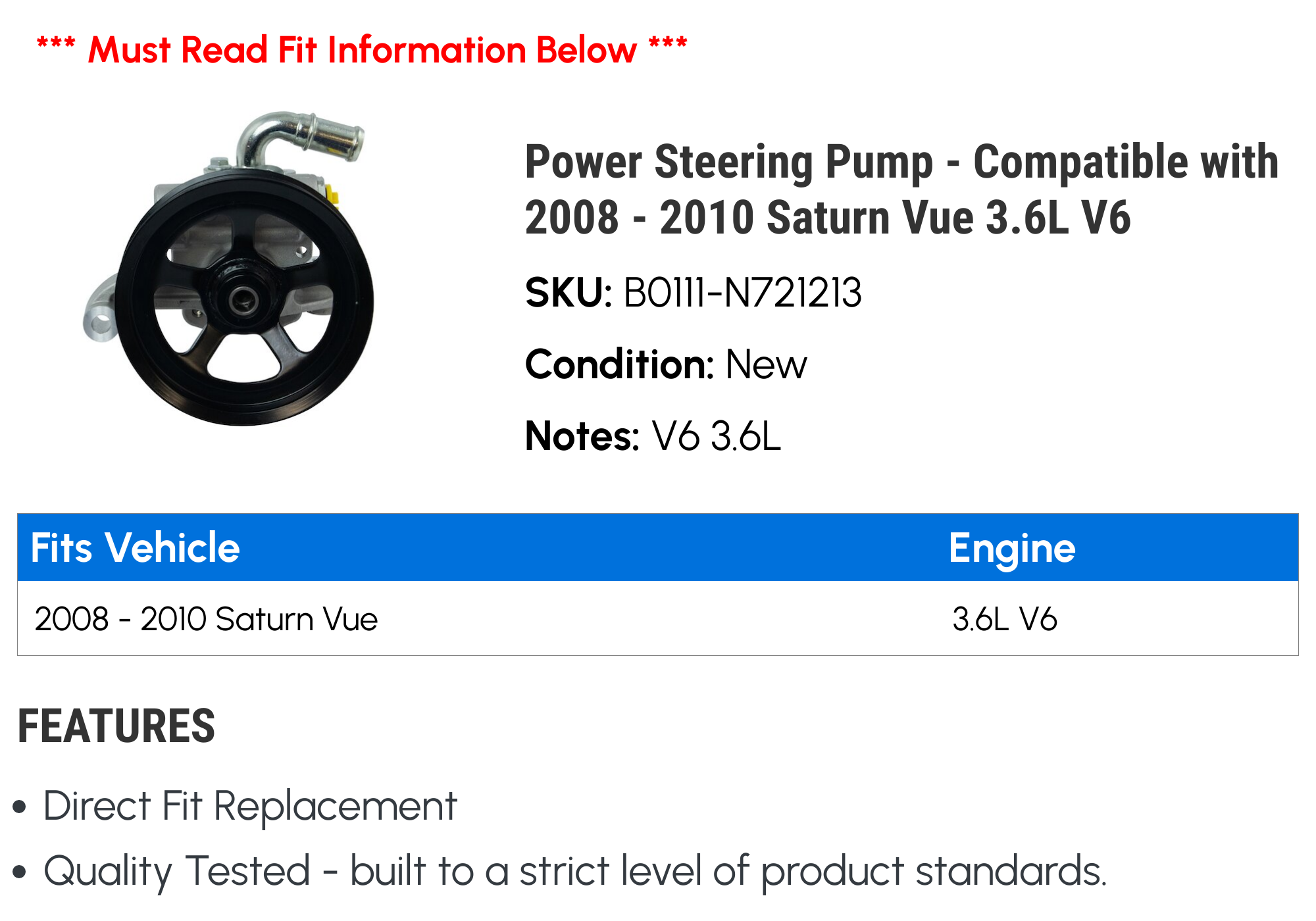 Power Steering Pump - Compatible with 2008 - 2010 Saturn Vue 3.6L V6 2009