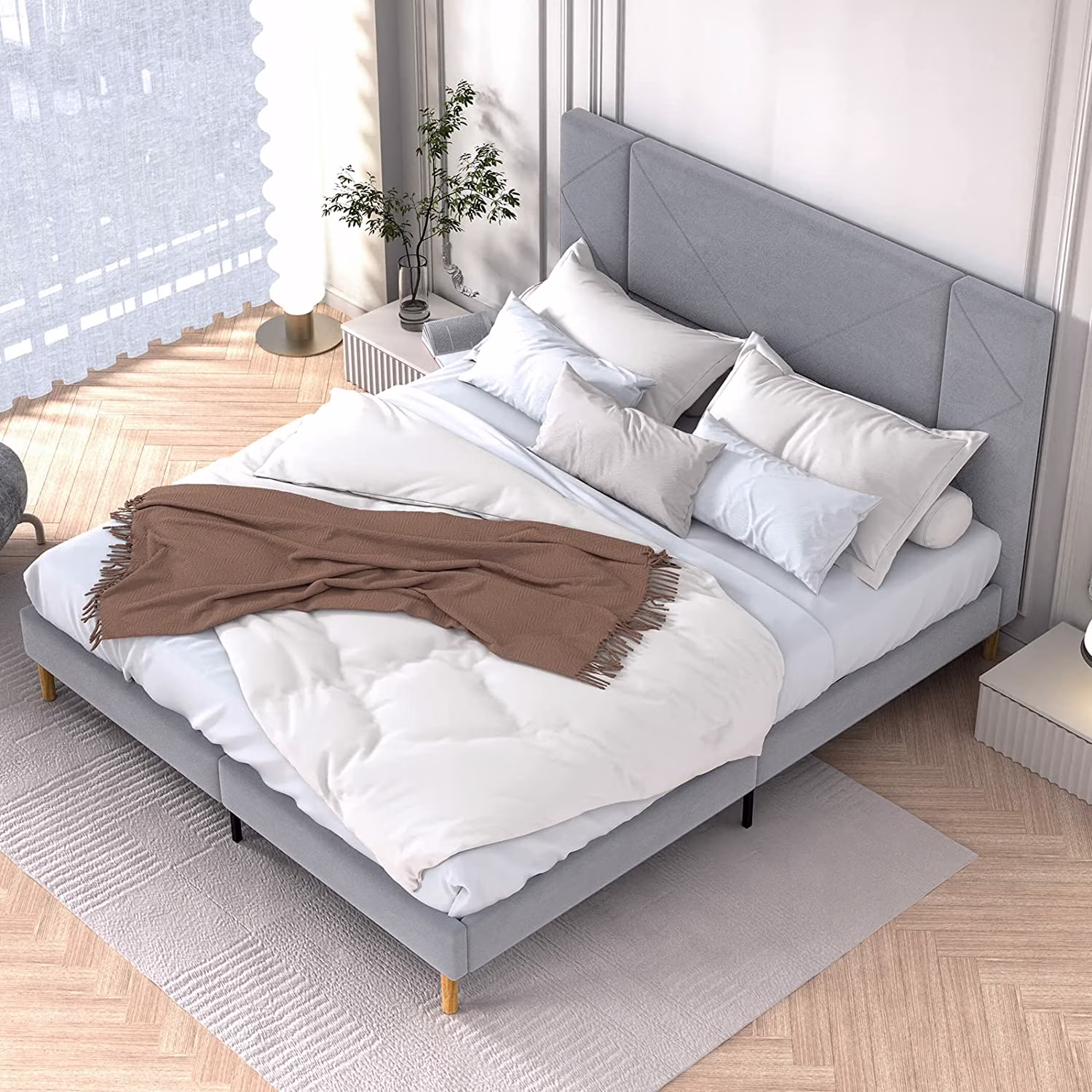 Flolinda Full Size Bed Frame Velvet Upholstered Platform Bed Frame Full with Headboard Strong Metal Rail Side 28Pcs Wooden Slats 10 Bed Feet Supported Stable Full Size Bed No Box Spring N