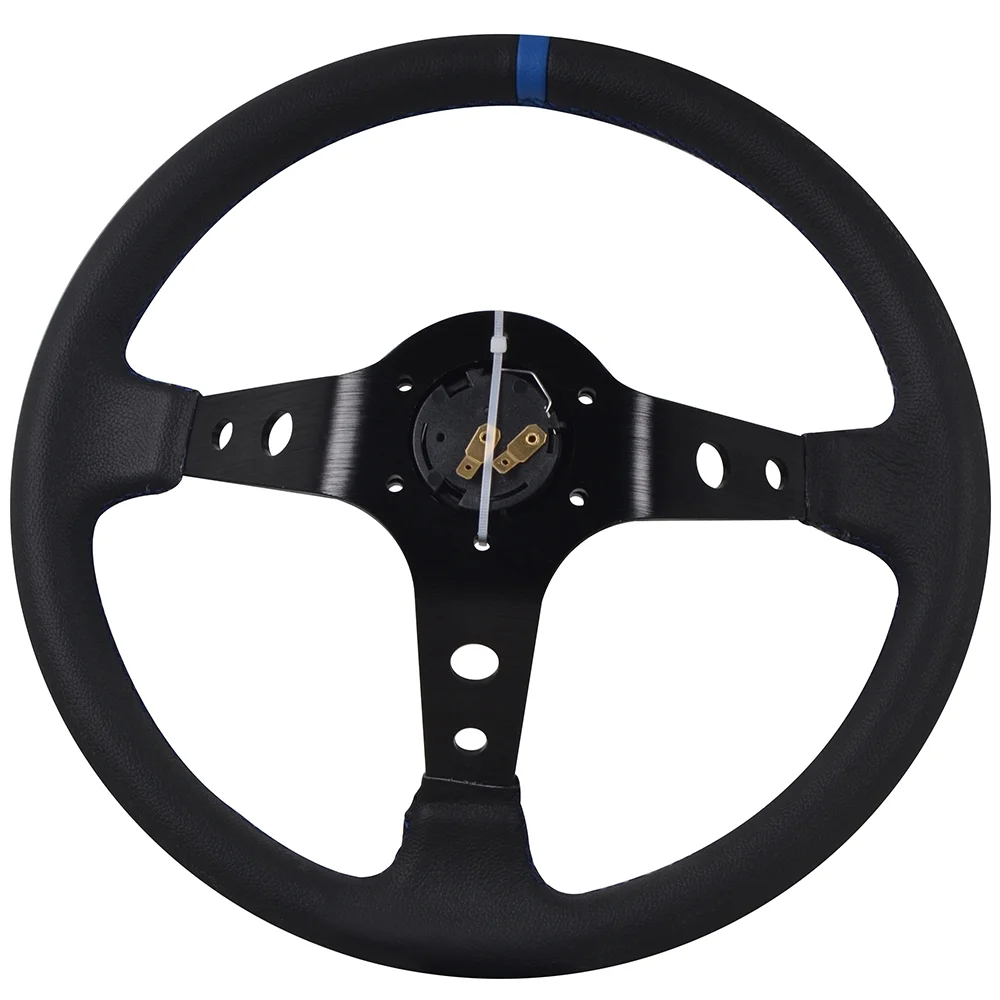 Ikon Motorsports Compatible with 350MM Genuine Leather 6 Hole Steering Wheel Deep Dish Black Blue & Black Emblem