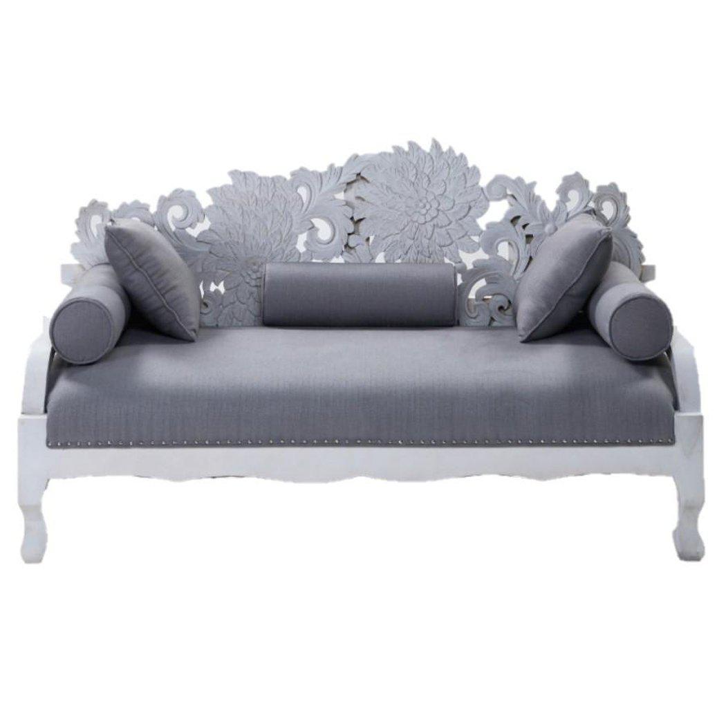 Hand Carved White Wash Lace Lotus Daybed Sofa with Throw Pillows